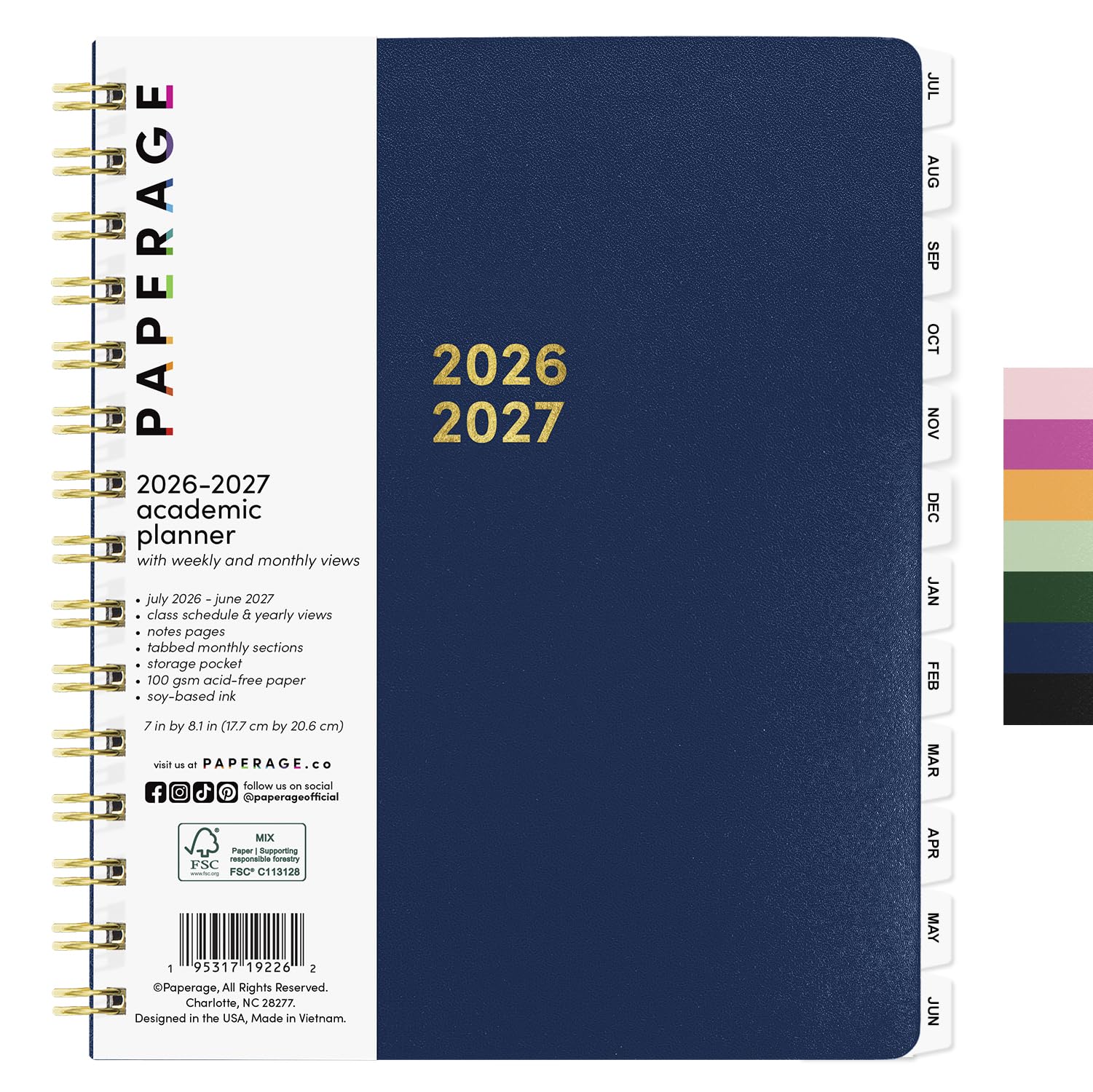PAPERAGE Agenda accademica, planner settimanale e mensile, 12 mesi, luglio 2026 - giugno 2027, (17,8 x 20,3 cm), agenda scolastica e studenti con schede, pagine bonus e tasca interna, blu reale