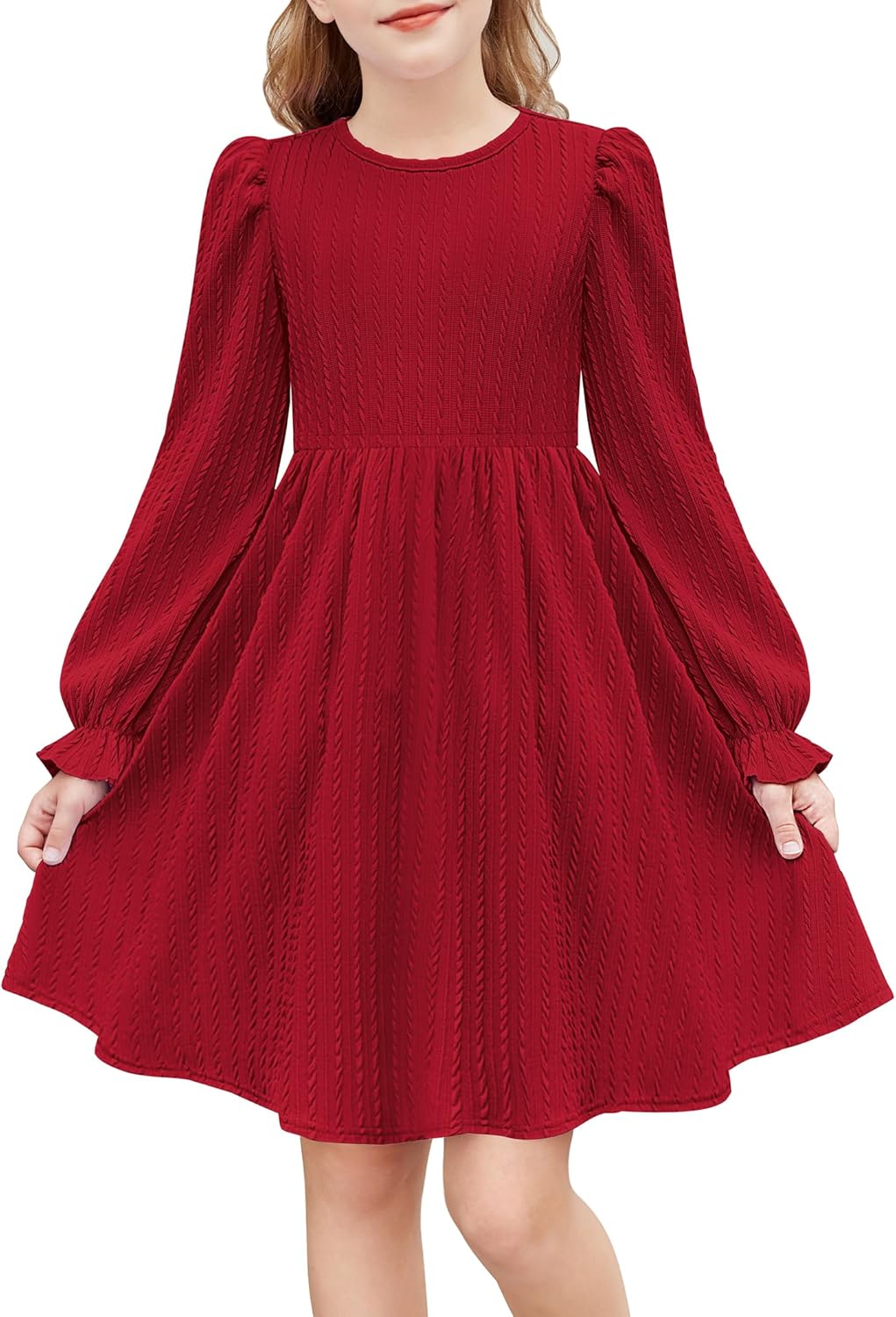 Arshiner Girls Knit Dresses Puff Long Sleeve Fall Winter Casual Holiday Sweater Dress with Pockets