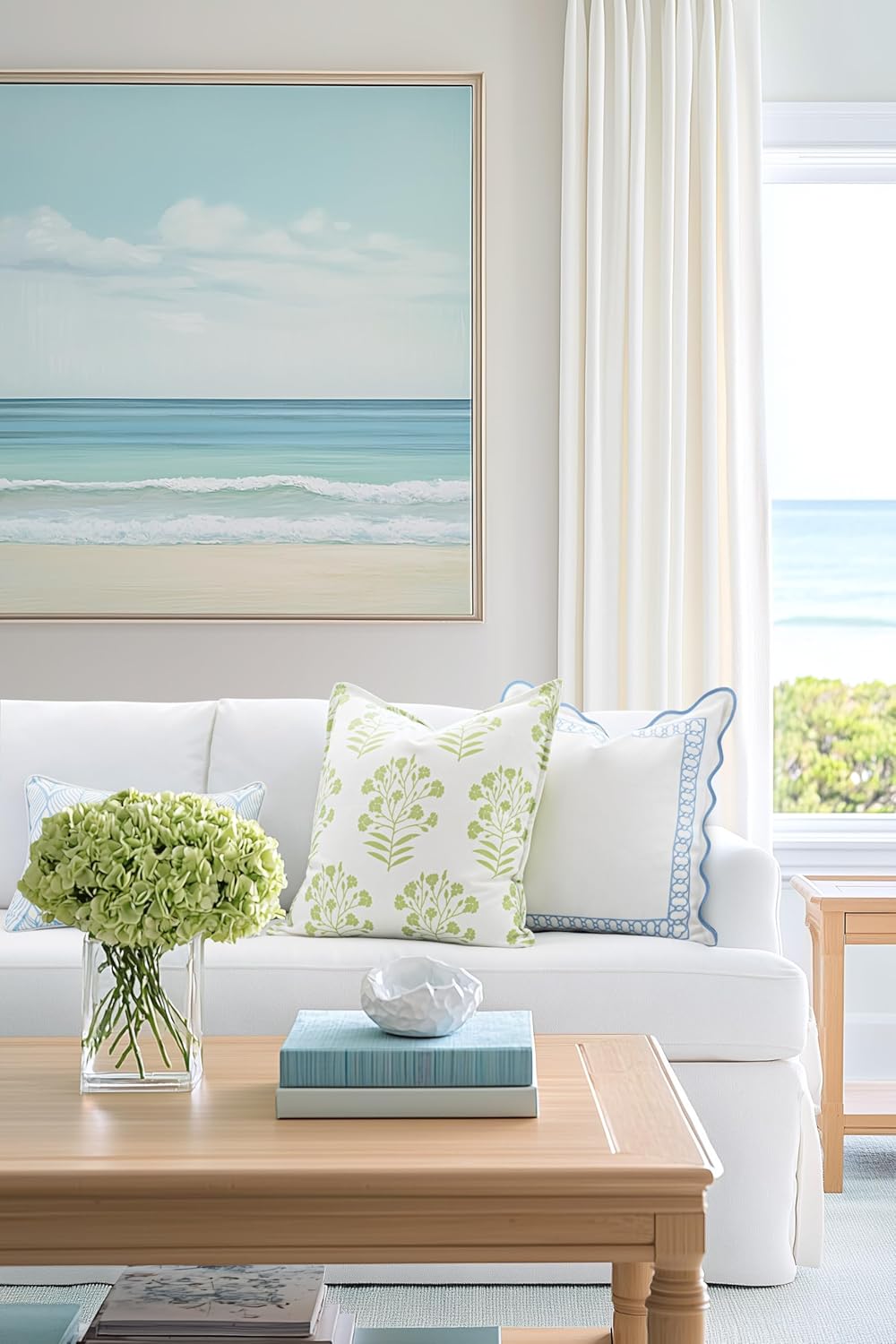 Hofdeco Premium Coastal Patio Indoor Outdoor Scalloped Throw Pillow Cover Only, 20"x20" Water Repellent for Backyard, Couch, Baby Blue Embroidered Begonia Pattern Chain Frame (Pack of 2)