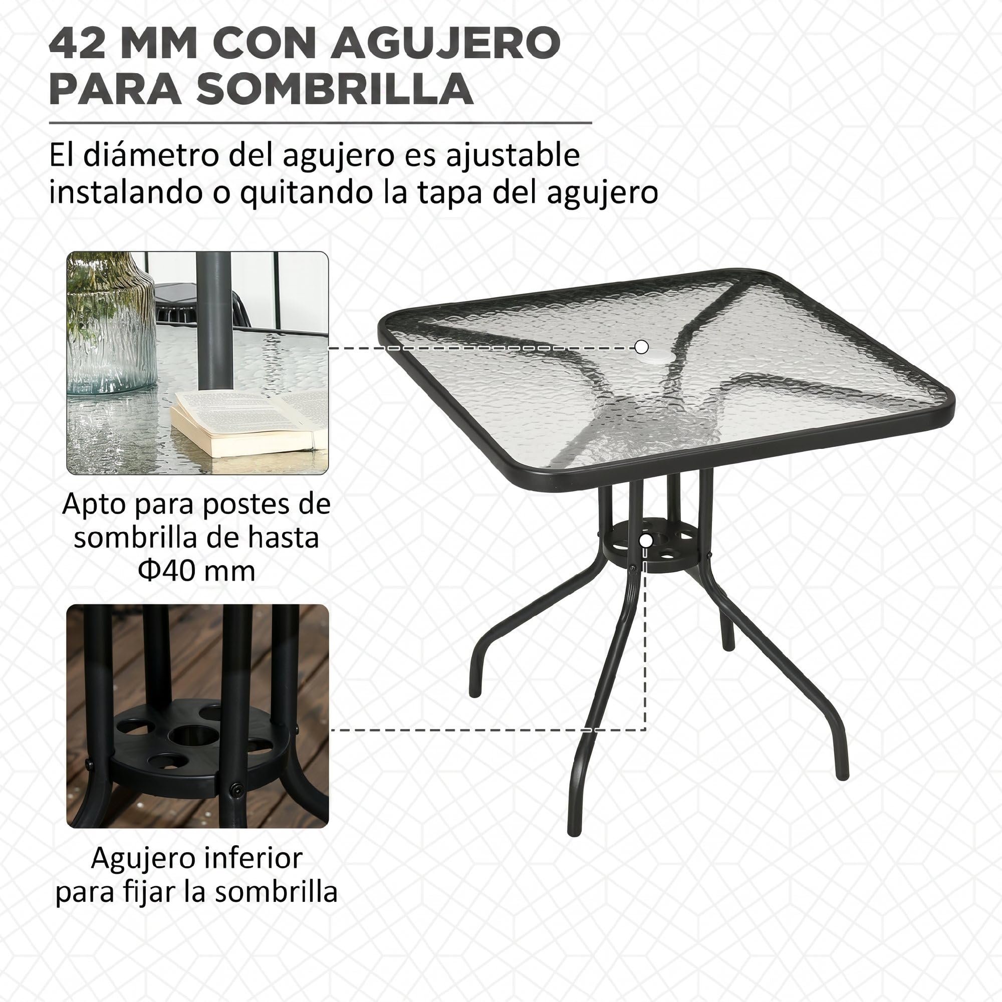 Outsunny Mesa de Jardín Cuadrada Mesa de Comedor Exterior 76x76x72 cm con Agujero para Sombrilla y Encimera de Vidrio Templado para Patio Terraza Negro