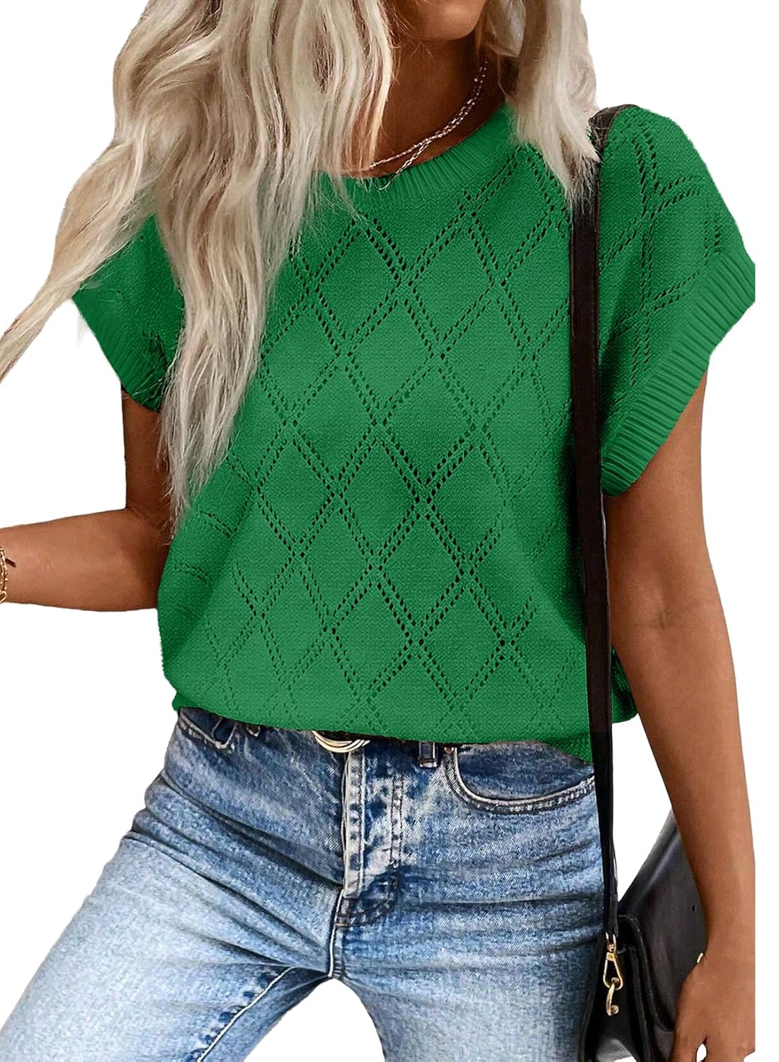 SHEWIN Womens Tops Crewneck Cable Knit Short Sleeve Sweater Loose Lightweight Blouses Dressy Casual Pullover Sweaters Top