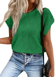 SHEWIN Womens Tops Crewneck Cable Knit Short Sleeve Sweater Loose Lightweight Blouses Dressy Casual Pullover Sweaters Top