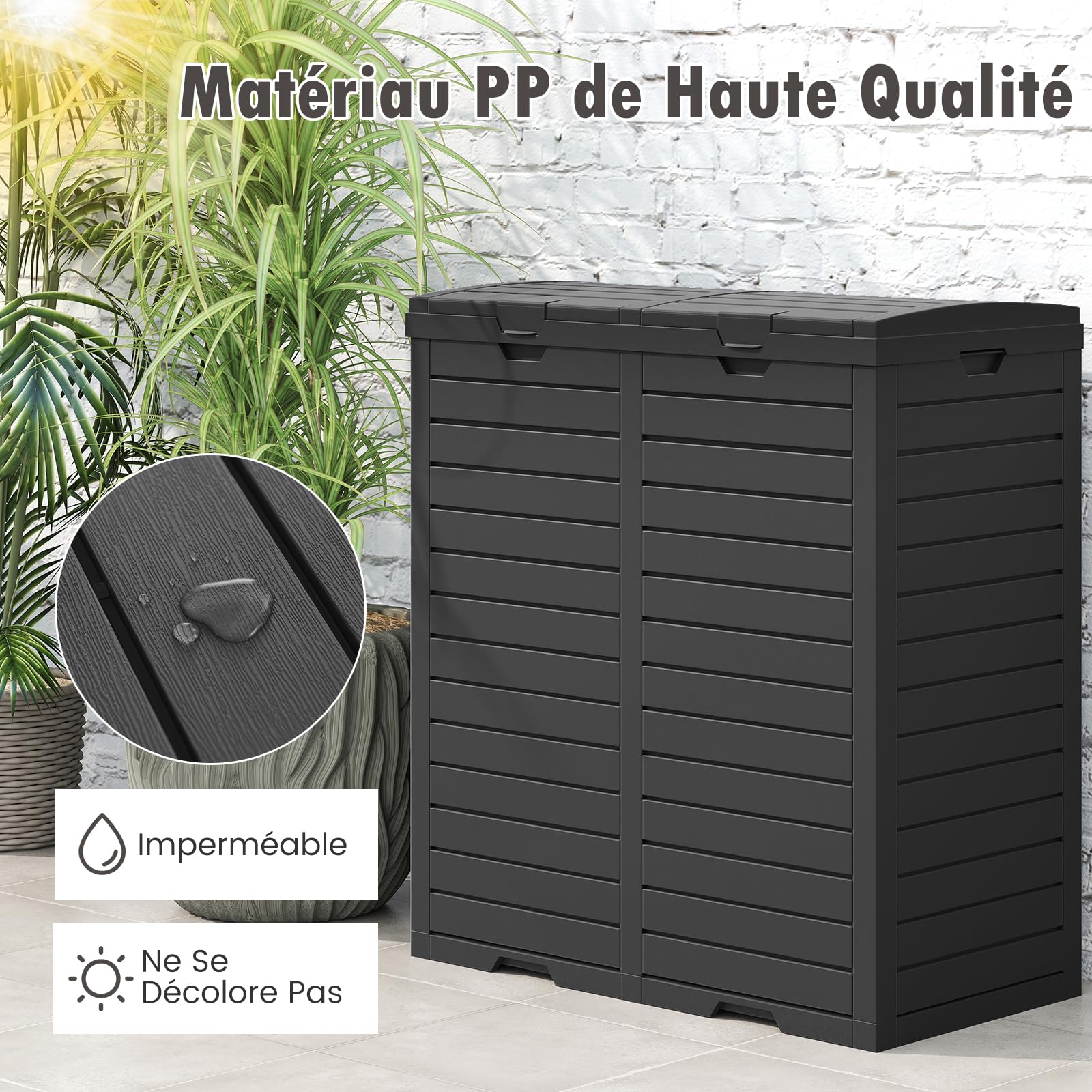 GOPLUS Poubelle Jarin Extérieure à Double Bac 236 L, Bac à Ordures Extérieur pour Déchets, Poubelle de Tri Terrasse Extérieure Intérieure avec Plusieurs Couvercles (Noir,236L|77x40x86CM)