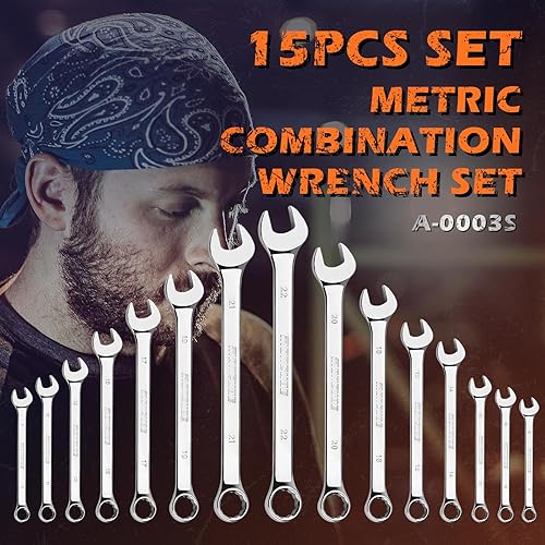 Miniatura 9 de Juego de llaves combinadas métricas largas 15 piezas de 0.315 in a 0.866 in - acero al cromo vanadio - pulido espejo con bolsa de transporte para