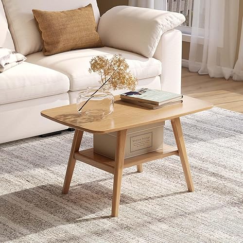 Mesa de centro 100% de madera de roble maciza para sala de estar, mesa pequeña con almacenamiento en estantes, mesas de centro modernas de mediados