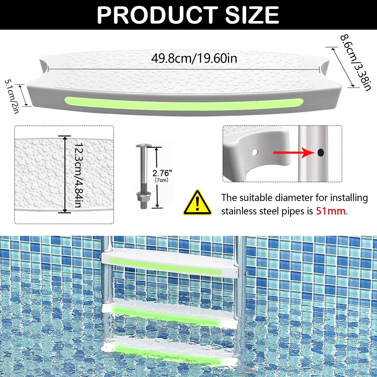 Scalini per Piscina, Gradino per Scaletta di Ricambio per Piscina 3pz Gradini per Scaletta con Strisce Riflettenti per Piscina per la Maggior Parte delle Scale Interrate e Fuori Terra