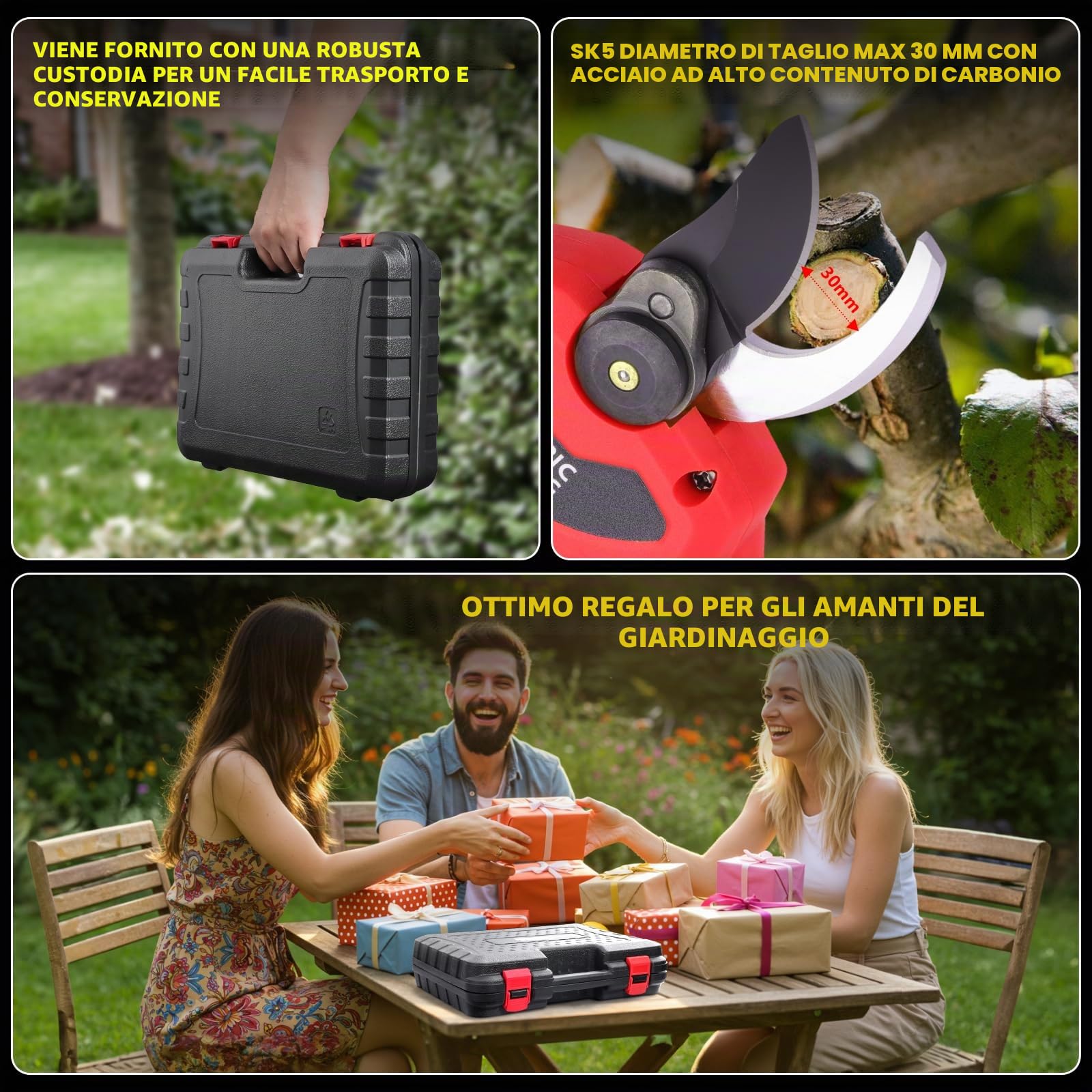 Forbici da Potatura Elettriche 30mm, Batteria 2000mAh con Display LCD | Lame Intercambiabili | 2 Batterie Ricaricabili | Potatore a Batteria per Giardinaggio, Frutteti e Vigneti-Rosso
