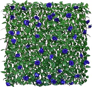 Expandable Fence Privacy Screen for Balcony Patio Outdoor,Decorative Faux Ivy Fencing Panel,Artificial Hedges (Single Sided Leaves) (1, Blue Flowers)