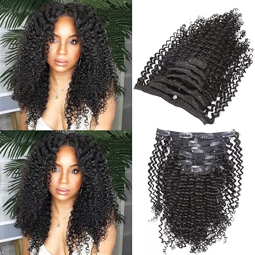 Anrosa Extensiones de cabello humano rizado con clip 1B negro natural para mujeres negras, tipo 3C 4A, cabello grueso Remy real, 4.23oz (20