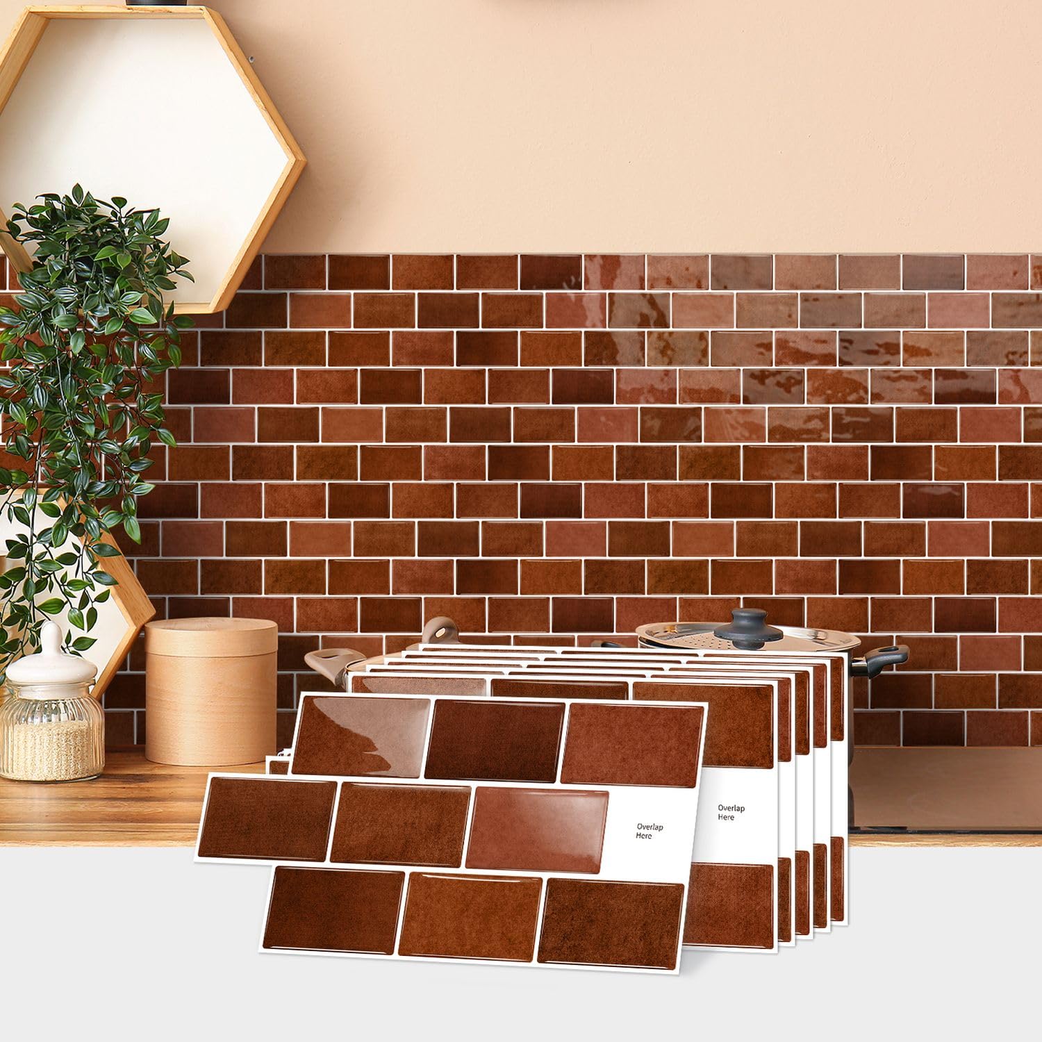 Alwayspon 15x30cmx10Pcs Self Adhesive Wall Tile Sticker Transfers, Peel and Stick Adhesive Waterproof Splashback Stick on Tile Decals for Kitchen Bathroom Wall, Brown