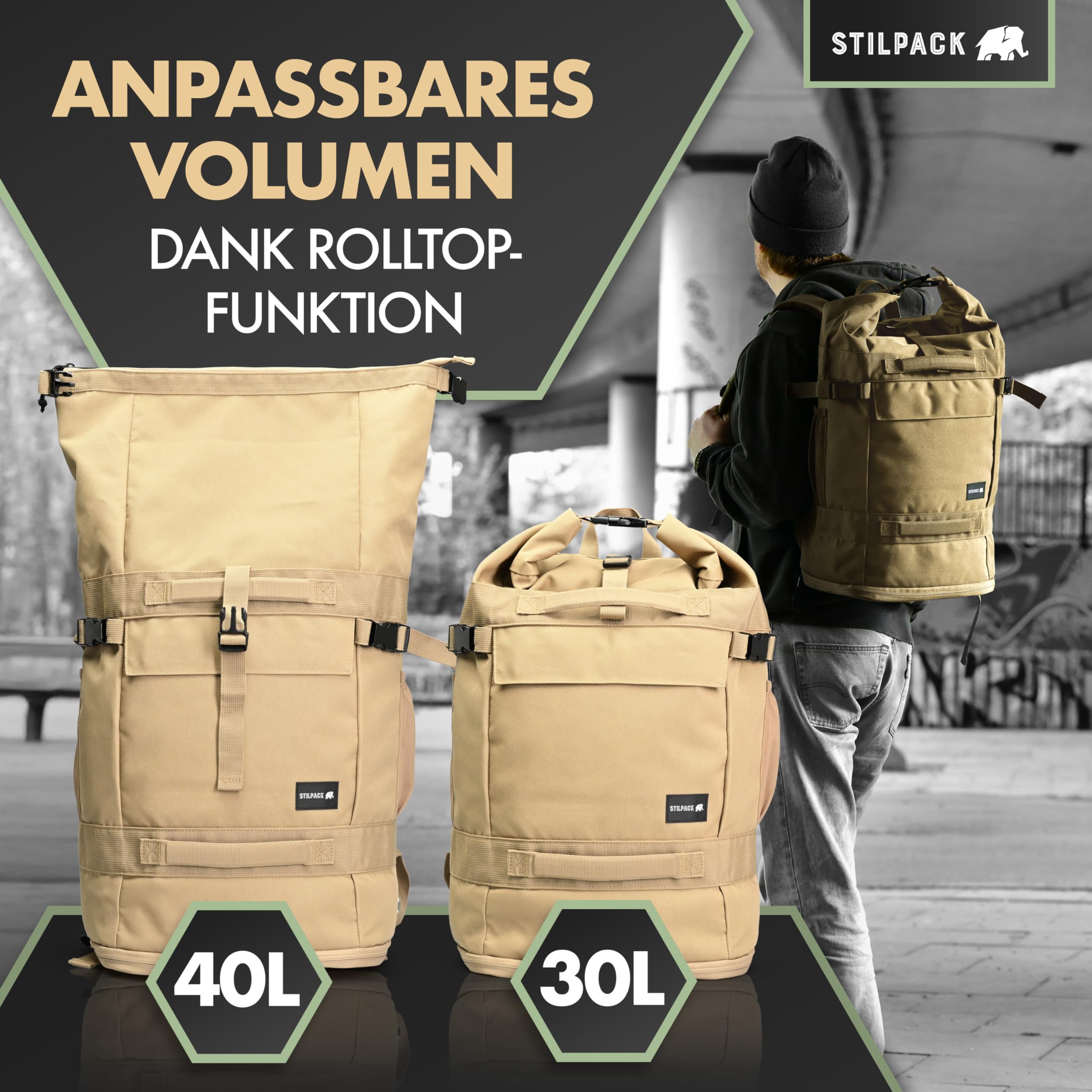 NomadX | Rolltop Rucksack Herren & Damen 30–40L – Handgepäck & Kabinengepäck – Outdoor Tagesrucksack Wasserdicht – Reiserucksack Camping Wandern Sport Travel Laptop Backpack