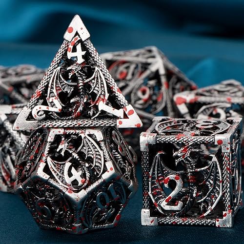 Miniatura 76 de ARUOHHA Juego de dados huecos DND, 7 piezas de dados de metal arcoíris D y D, juegos de rol RPG, dados poliédricos con caja de regalo D20 D12 D10 D8