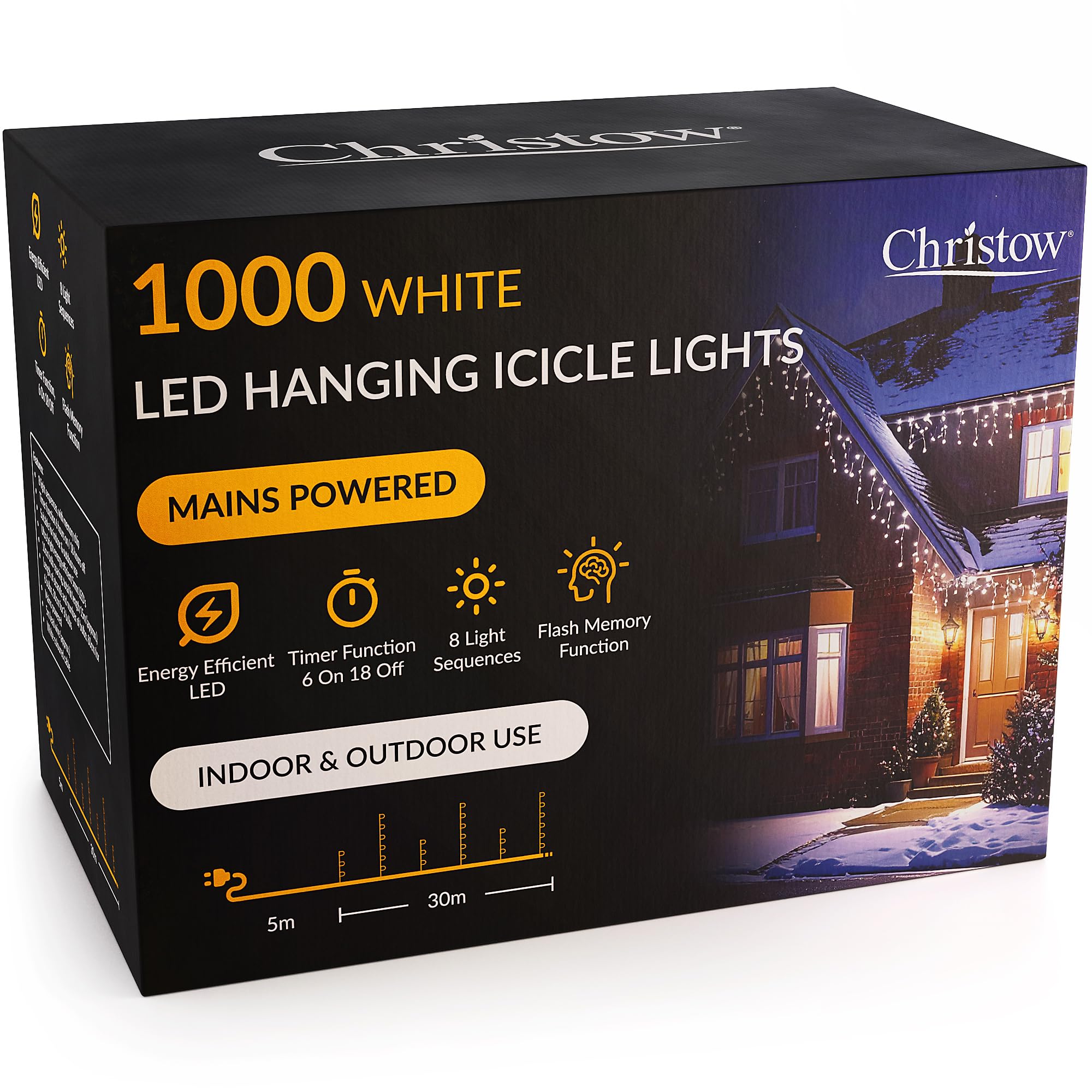 Christow White Hanging Icicle Christmas Lights, 1000 Led, 30M Lit Length, Indoor & Outdoor, Mains Powered With Timer, 8 Flash Lighting Modes With Memory, Fairy String Light Xmas Decorations