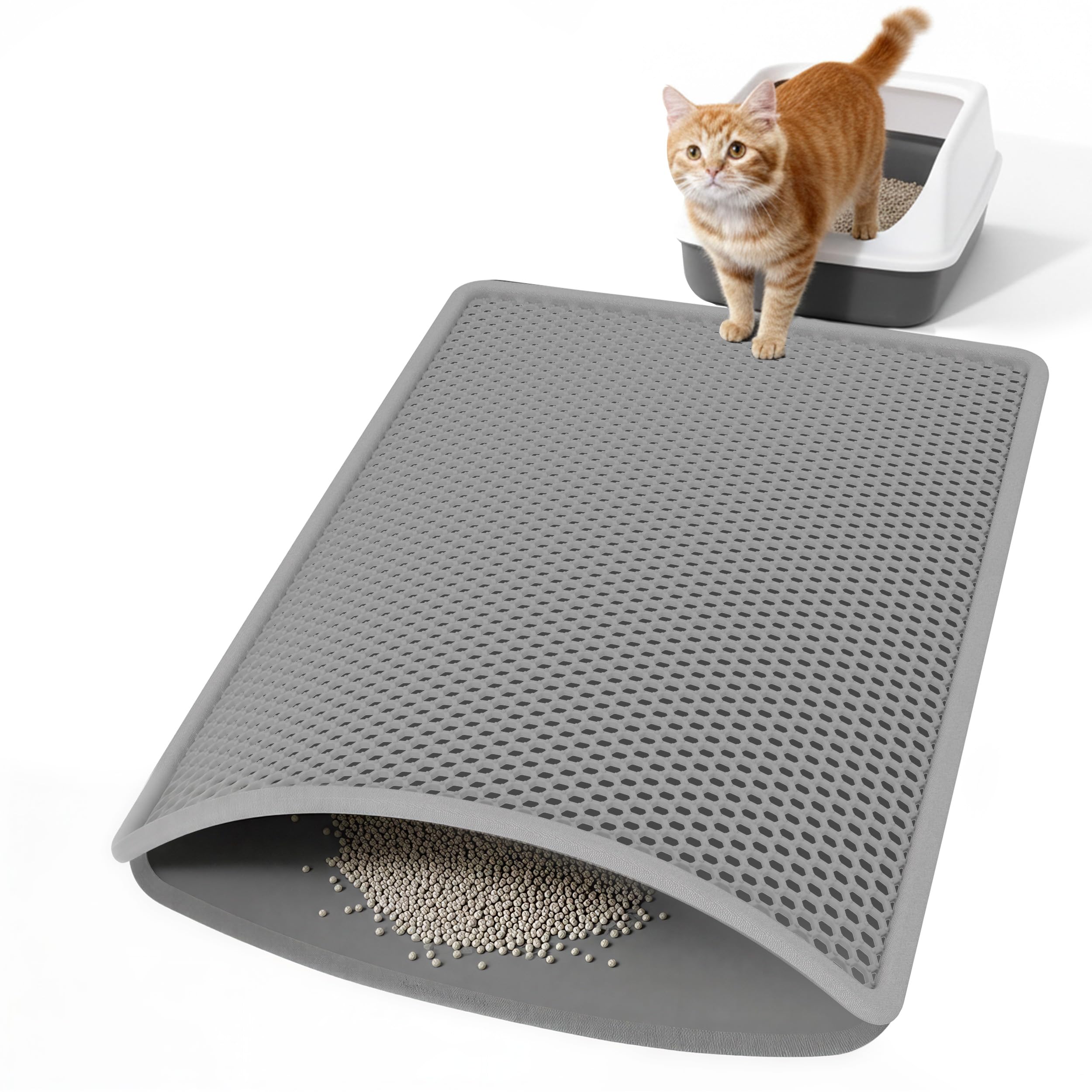 Cat Litter Mat for Litter Box, 30"×21" Large Double Layer Trapping Mat, Easy-Clean Scatter Non-Slip Water Proof Kitty Litter Pad, Grey
