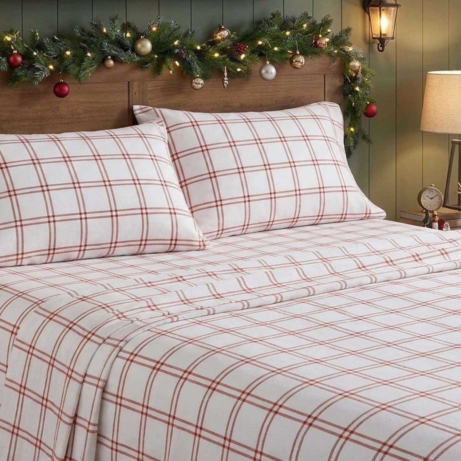 Eddie Bauer - Juego de sábanas Queen, Juego de Ropa de Cama de Franela de algodón, Cepillado para Mayor suavidad, decoración acogedora del hogar (Naranja a Cuadros Westridge a Cuadros, Queen)