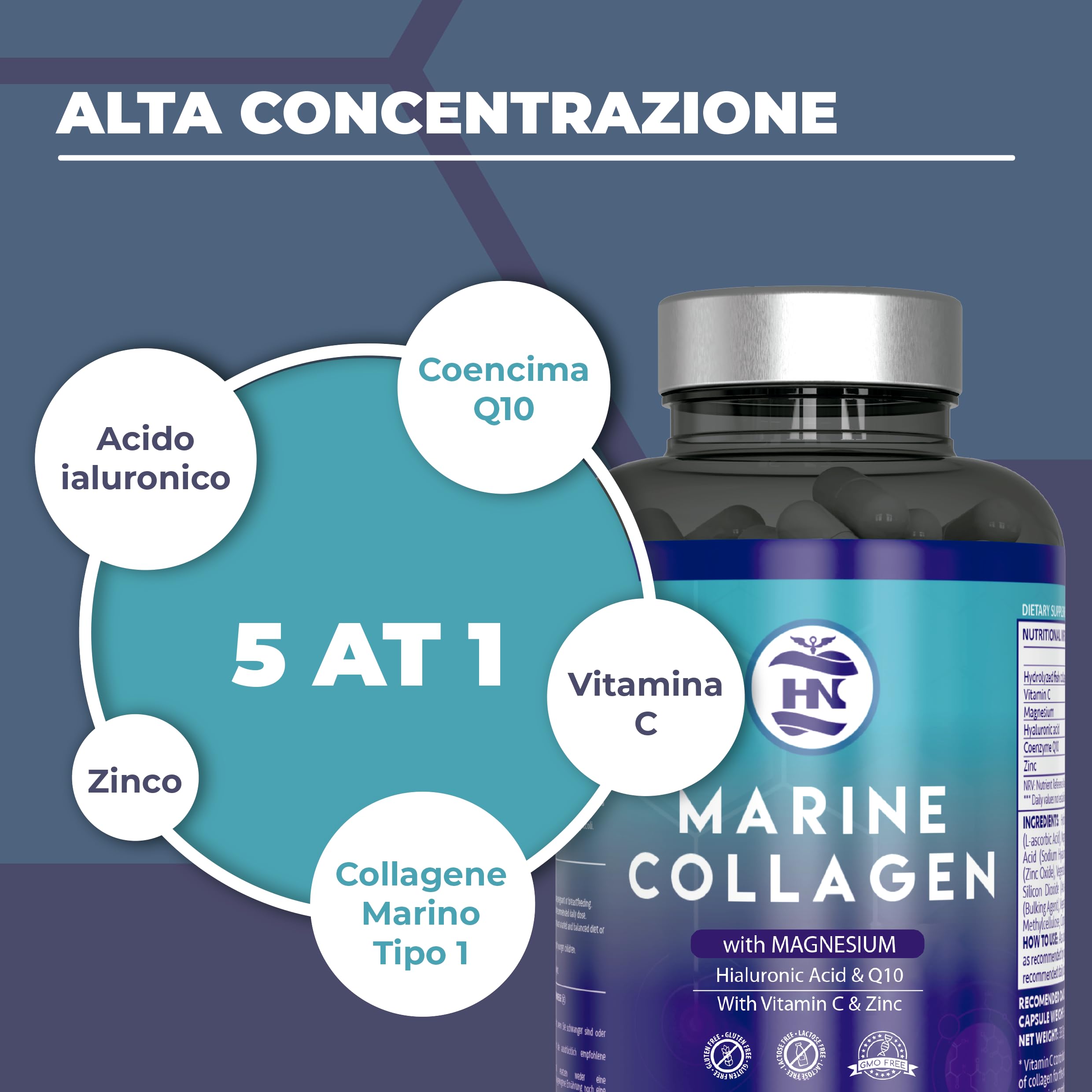 Colageno Marino Hidrolizado Puro con Acido Hialuronico, Vitamina C, Coéncima Q10 y Zinc, Marine Collagen, Colágeno Marino con Acido Hialurónico (120 Caps x 3 botes)