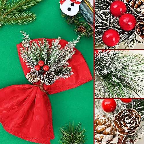 Miniatura 2 de FRAMICS Juego de 8 servilleteros de Navidad, servilleteros con cono de pino nevado con bayas rojas, hebilla para servilleta de bayas para Navidad,