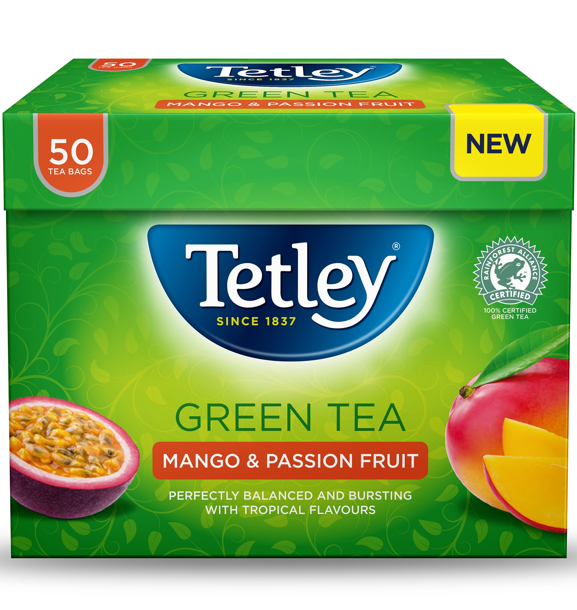 Tetley Mango & Passionfruit Green Tea, 50 Teabags - Rainforest Alliance Certified Green Tea Bags with Mango & Passionfruit - Light and Antioxidant-Rich Blend for a Fruity and Refreshing Brew