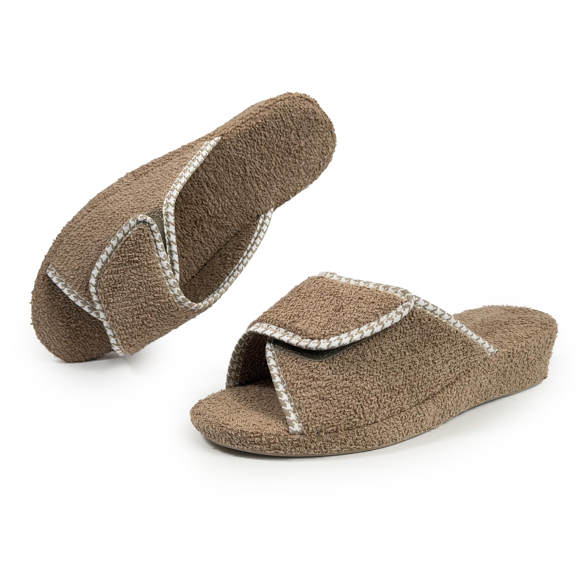 Chaussons Femme Ouvert en Tissu Éponge Pantoufles à Scratch Réglables pour Pieds Gonflés Sandales Liège