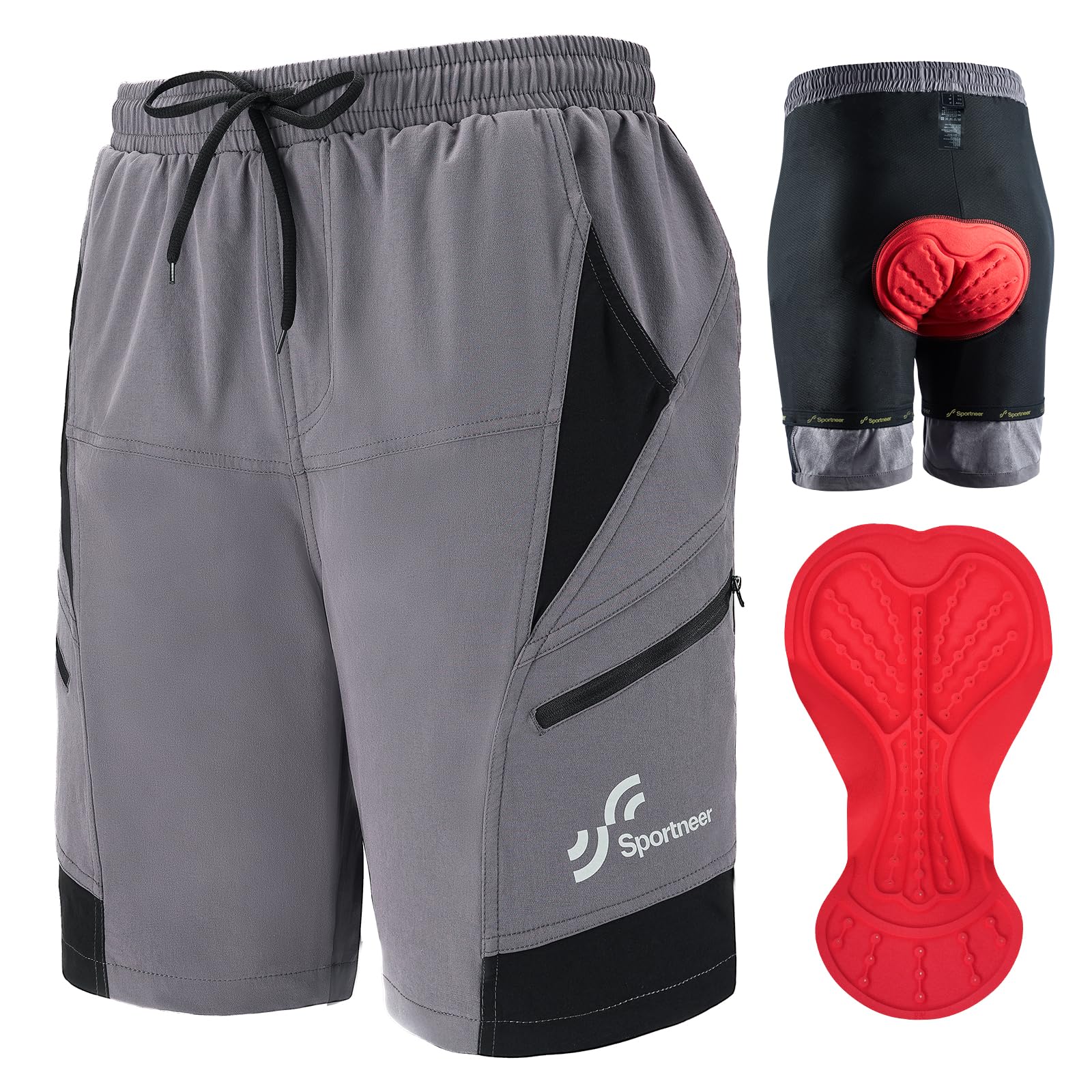 Sportneer MTB, Pantaloncini da Ciclismo da Uomo, Imbottiti, Pantaloncini da Ciclismo da Uomo, Foderati in 3D, Mountain Bike, Ciclismo, Sport, Ciclismo all'aperto