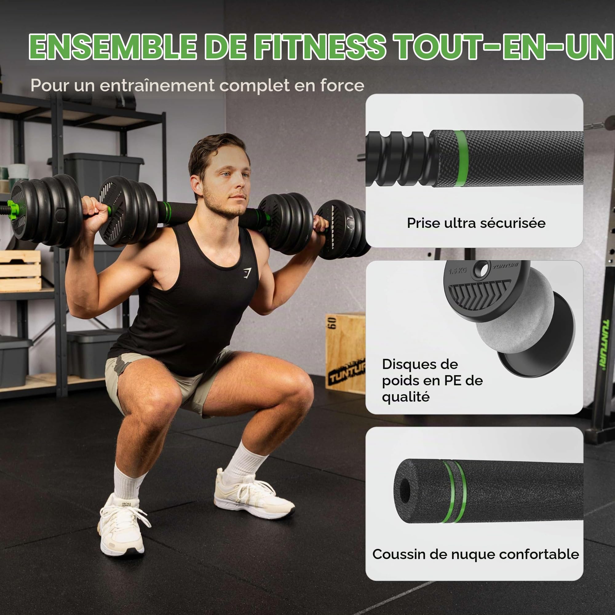 Tunturi Haltères et poids - Ensemble d'haltères 28 kg - Barre avec poids - Ensemble de barre - Fermeture à vis 30 mm - Poignée antidérapante