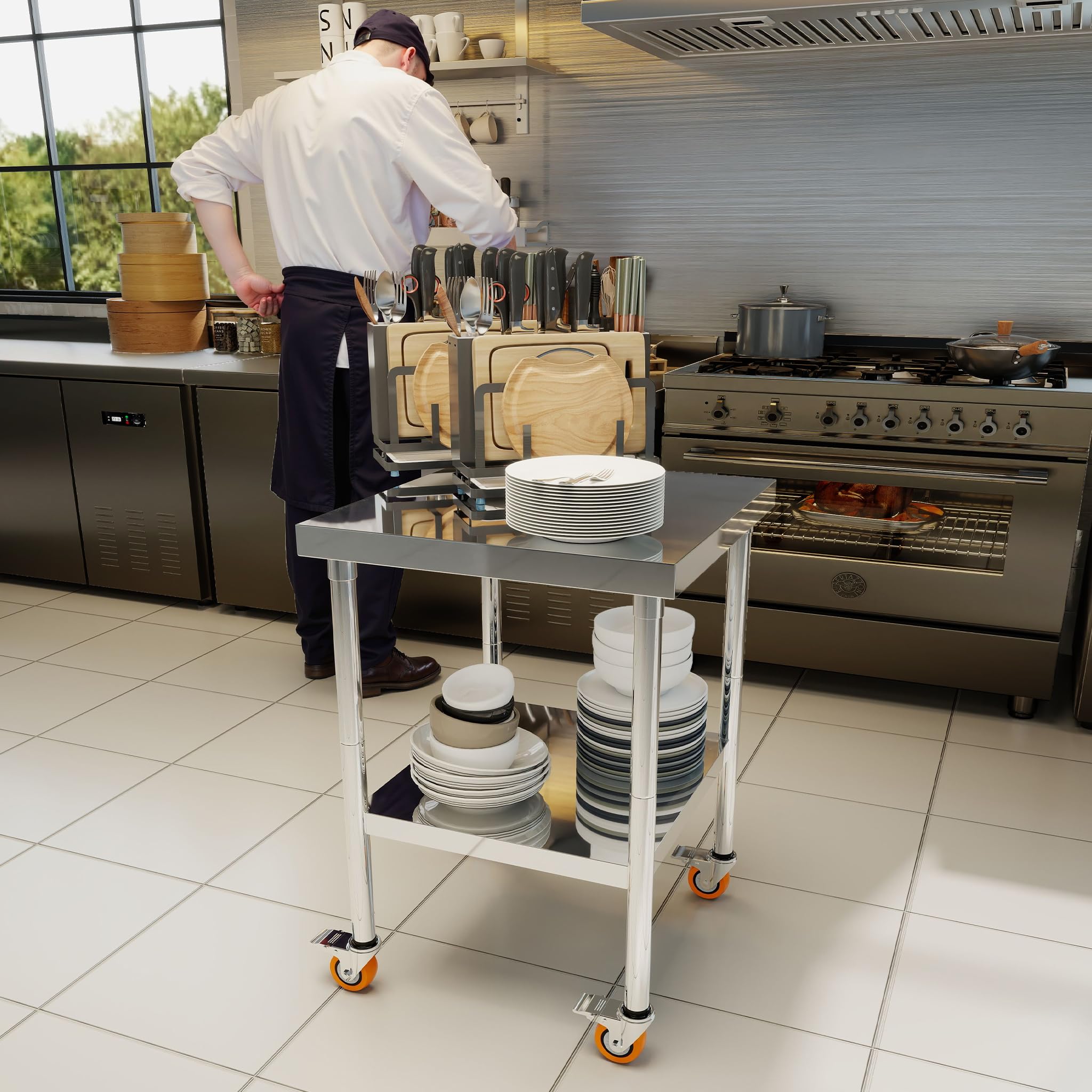 FIVMEN Mesa de trabajo de acero inoxidable, 76 x 60 x 85 cm, mesa de cocina con ruedas, mesa de acero inoxidable, doble capa, para cocina, bar, restaurante