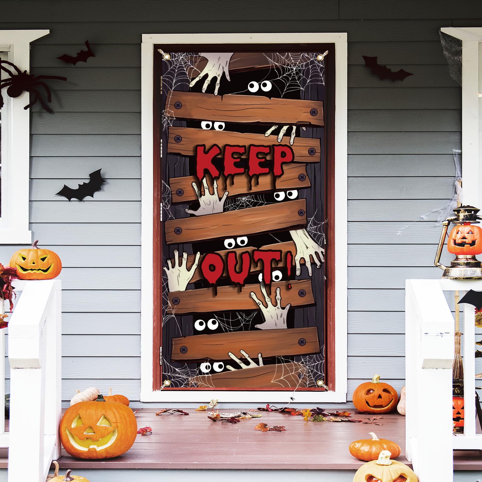 arricraft 1 Pc Halloween Theme Party Door Cover, Wood Board Eyes Web and Ghost Hand Patterns Door Banner Photography Background Halloween Party Supplies Decorations 35.4x72.8 Inch