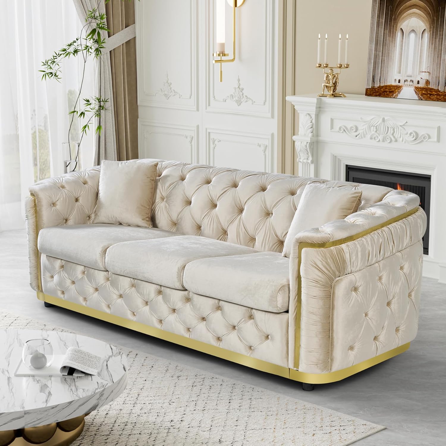 84.6″ Luxury Chesterfield Sofa Velvet Tufted Sofa Black and