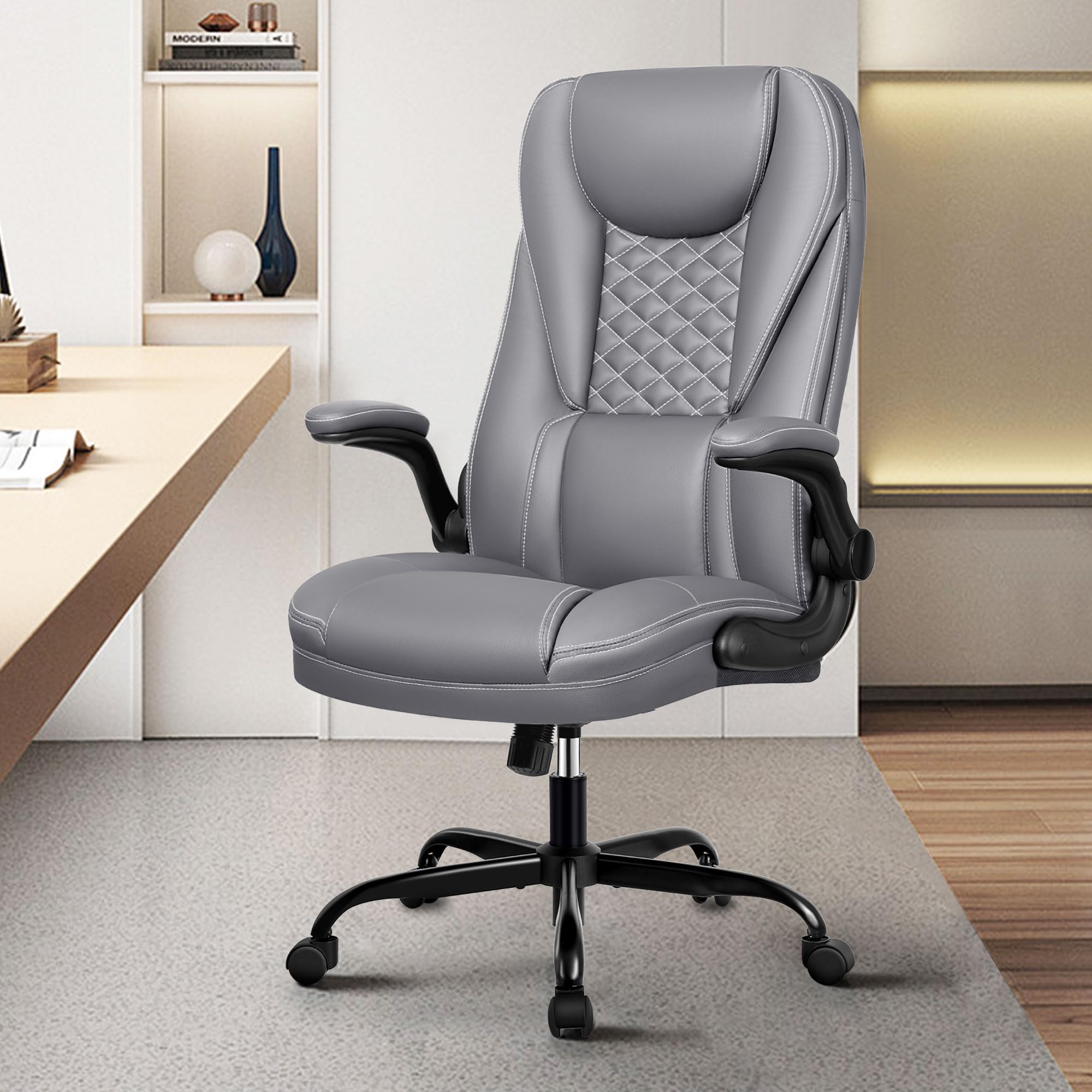 Photo 1 of Guessky Office Chair, Big and Tall Office Chair Executive Office Chair Ergonomic Leather Chair with Lumbar Support High Back Home Office Desk Chairs Computer Chair with Adjustable Flip-Up Arms (Gray) Grey