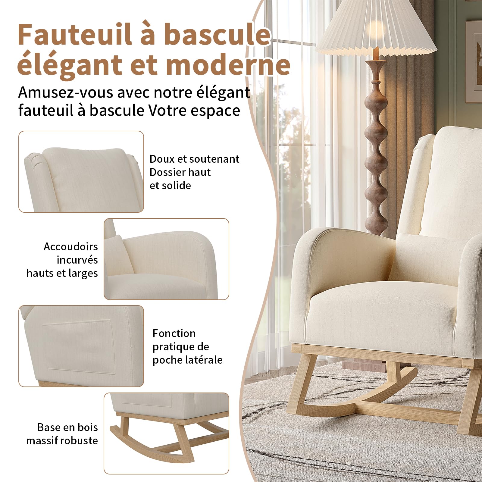 Rocking Chair,Living Room Rocking Chair Interieur,Chaise à Bascule avec Coussin Lombaire,Fauteuil Allaitement en Tissu en Lin avec Pieds en Bois Massif,Beige