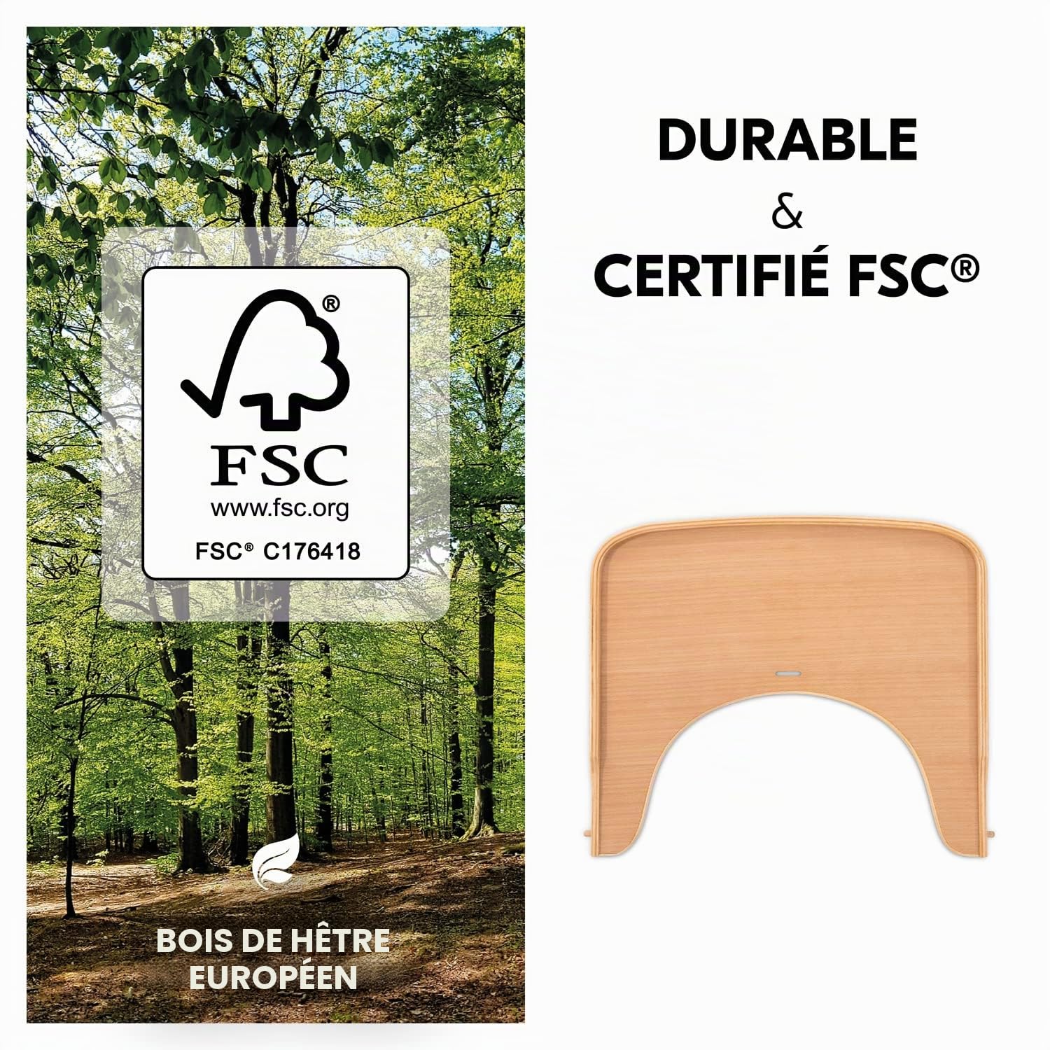 hauck Plateau Bebe Repas pour Chaise Haute Bébé Alpha+ & Beta+ – Tablette Alpha Wooden Tray 6-36 Mois, Bois de Hêtre FSC, Bord Surélevé - Naturel