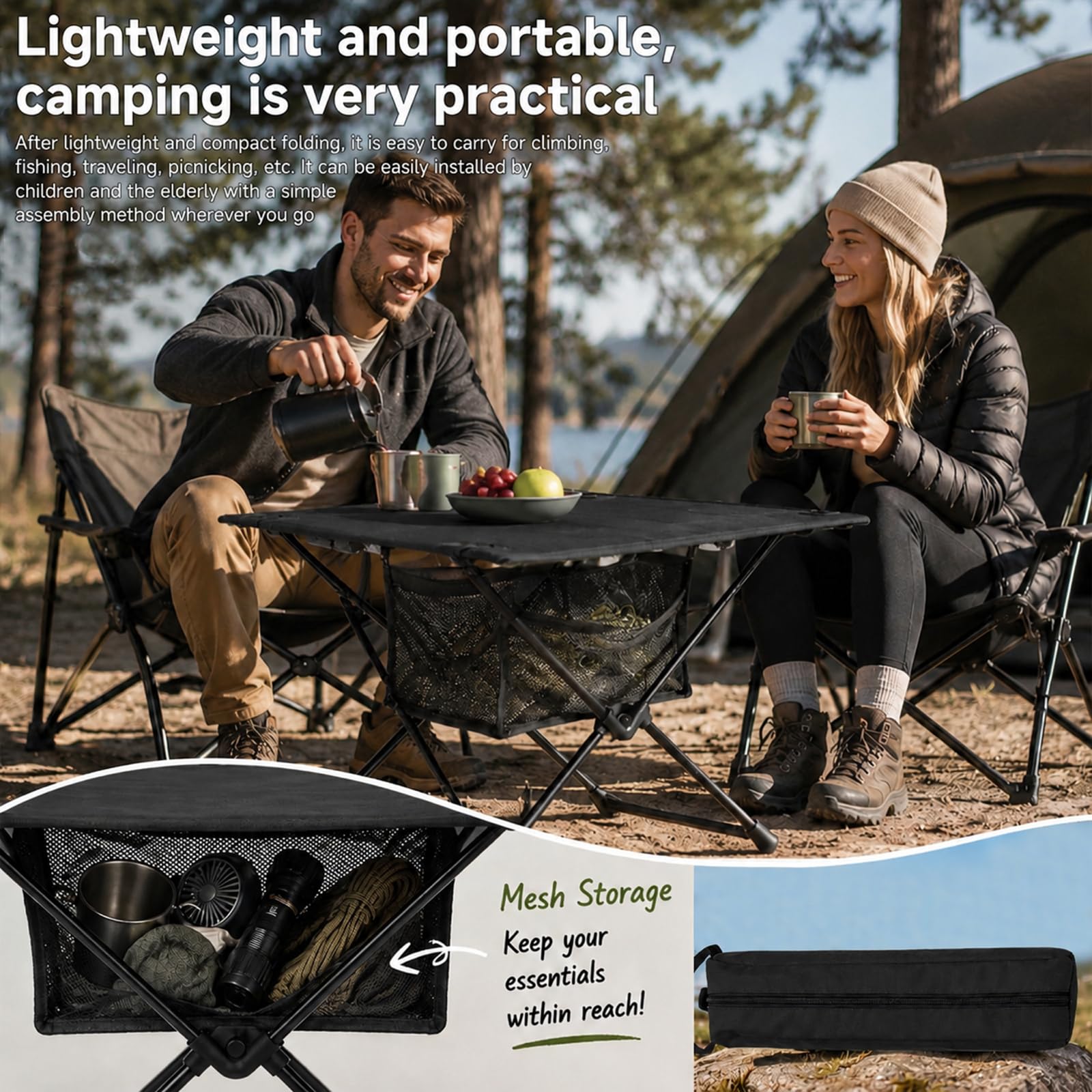 Table de camping pliable ultra légère avec sac de transport et plateau en filet, table d'extérieur réglable en hauteur en aluminium, table de pique-nique pour camping, pêche, randonnée (noir)