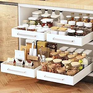 2Pack Pull Out Cabinet Organizer,Peel and Stick Pull Out Drawers,Slide Out Drawers for Kitchen Cabinets,Cabinet Pull Out Shelves for Pantry,Cabinet Roll Out Drawers,Sliding Shelf,White