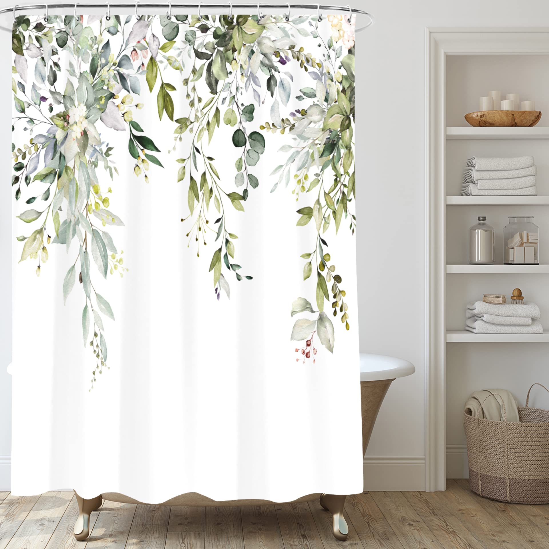 Ruelvth Duschvorhang „Grüner Eukalyptus“ Wasserdicht 183x183 Cm – Botanik-Design Mit Goldakzenten, Inkl. Haken, HD-Druck & Leicht Zu Reinigen