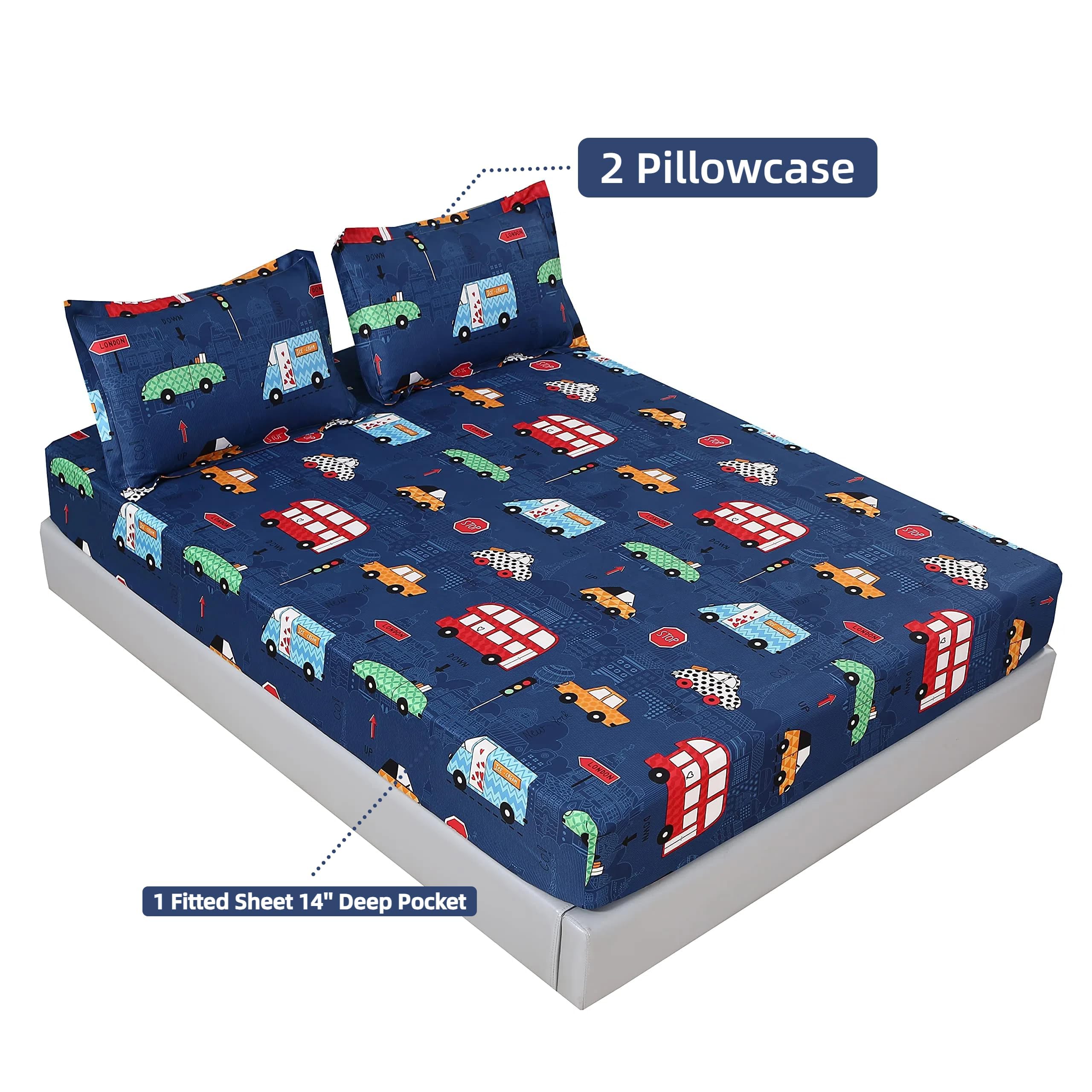 Juego de sábanas de 3 piezas para niños, niñas, adolescentes y amantes de los automóviles, tamaño individual, con 1 sábana bajera ajustable de 14 pulgadas de profundidad y 2 fundas de almohada. 2
