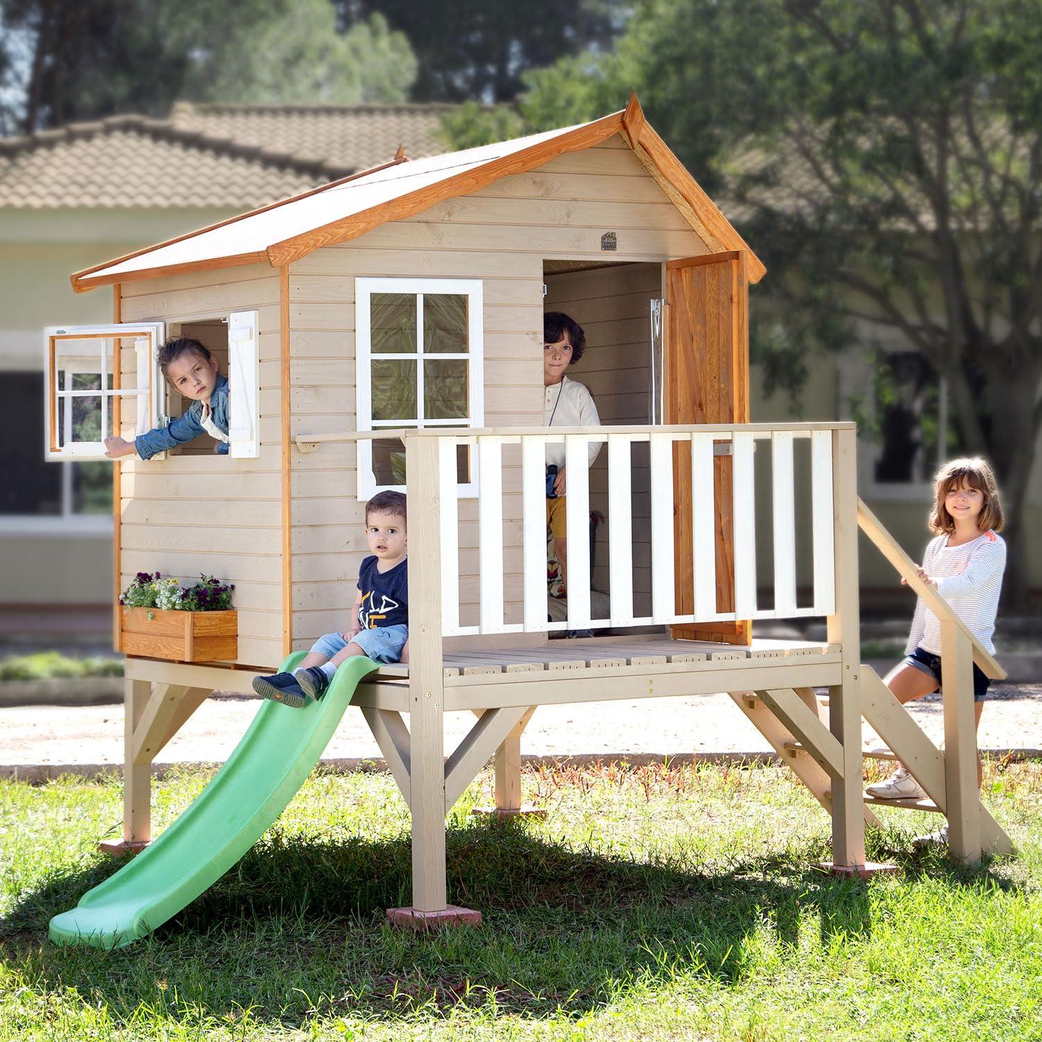 Casita Infantil de Madera Exterior con Tobogán Super OLI | Colores Personalizables | 150 x 192 x A230 cm | Casas Green House