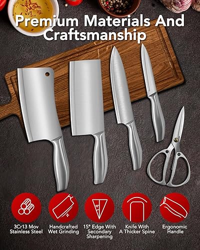 Miniatura 3 de Juego de 6 cuchillos de chef profesional, juego de cuchillos afilados de acero inoxidable plateado para cocina con afilador integrado, mango