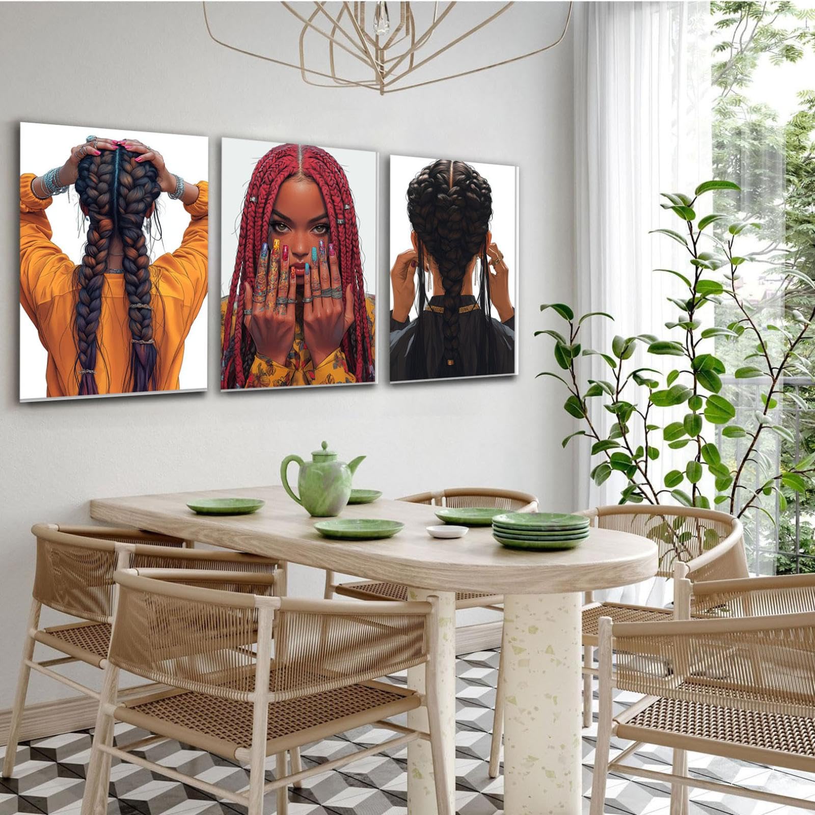 WIKEO Negro 3Pcs Mujeres Negras africanas étnico Lienzo Pintura, Chica Negra Trenzada Abstracta Abstracta Pared Arte Imagen Cartel - Moderno Sala de Estar decoración Impresiones-50x70cmx3 Enmarcado