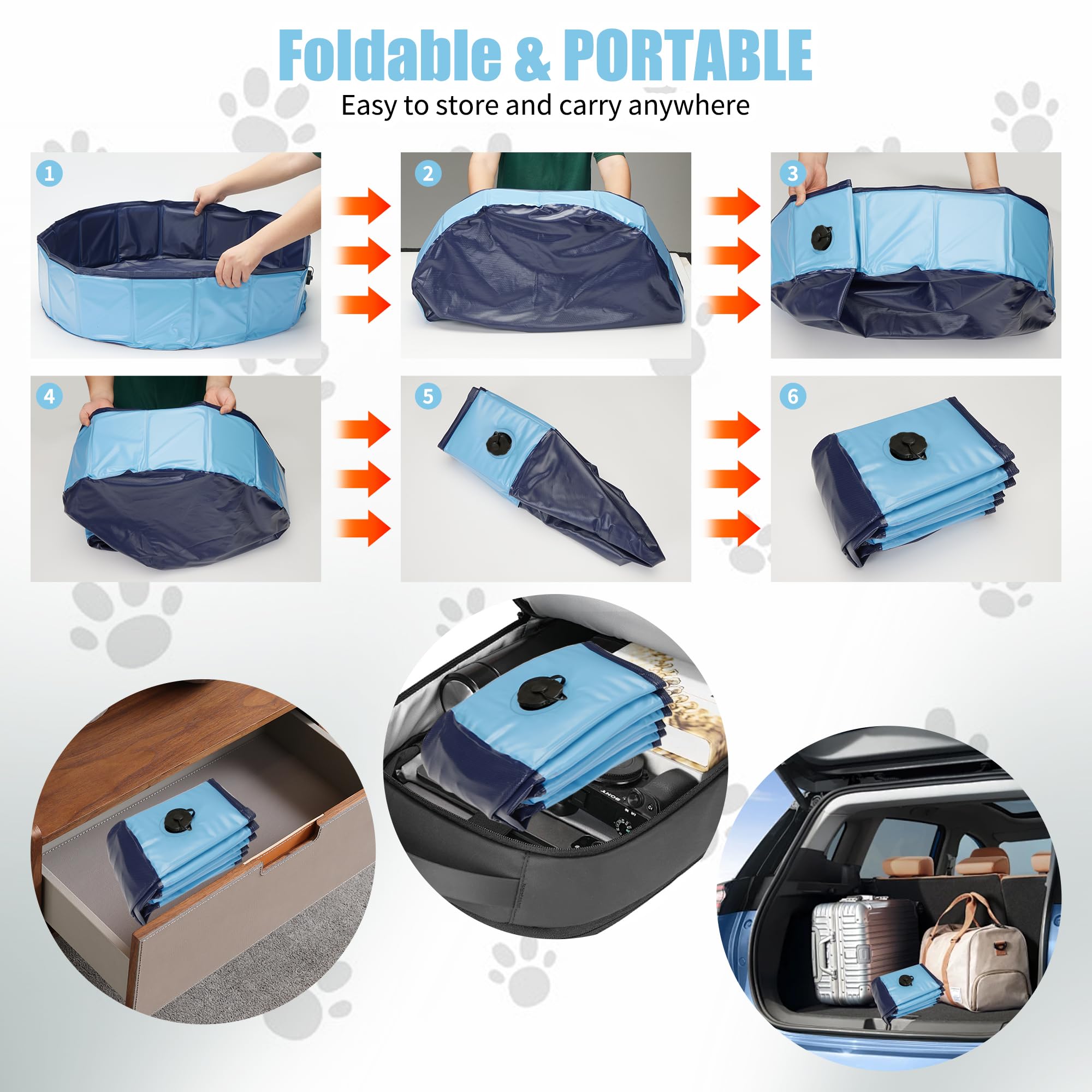 Hundepool, 120x30CM Faltbarer Swimmingpool für Katzen und Hunde, rutschfeste und Verschleißfeste PVC Hundebadewanne Geeignet für Große, Mittlere und Kleine Hunde