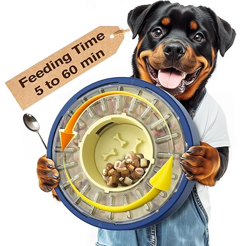 KADTC Dog Spinning Puzzle Feeder Food Slow Bowl for All Dog Breeds Adjustable Feeding Time from 5 to 60 min Capacity 17.64 Ounce Puppy Treat Dispenser Toy Kibble Dispensing Toys Healthy Eating - Large - Yellow Blue