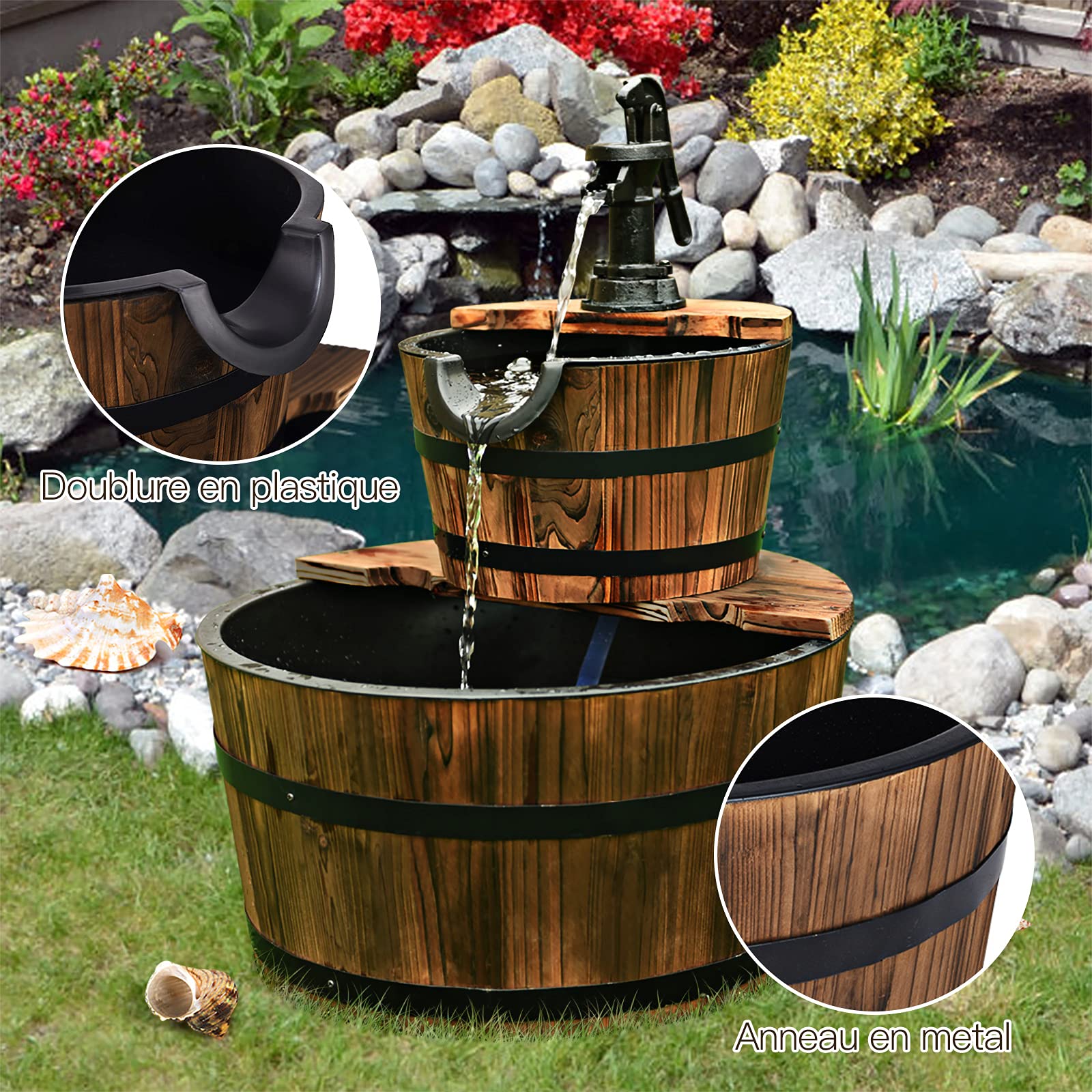 GOPLUS Fontaine à Eau à 2 Couches en Sapin Carbonisé, Écoulement d’Eau Ajustable, Fontaine Extérieure avec Pompe Manuelle Décorative, Idéal pour Jardin ou Cour, Marron Foncé