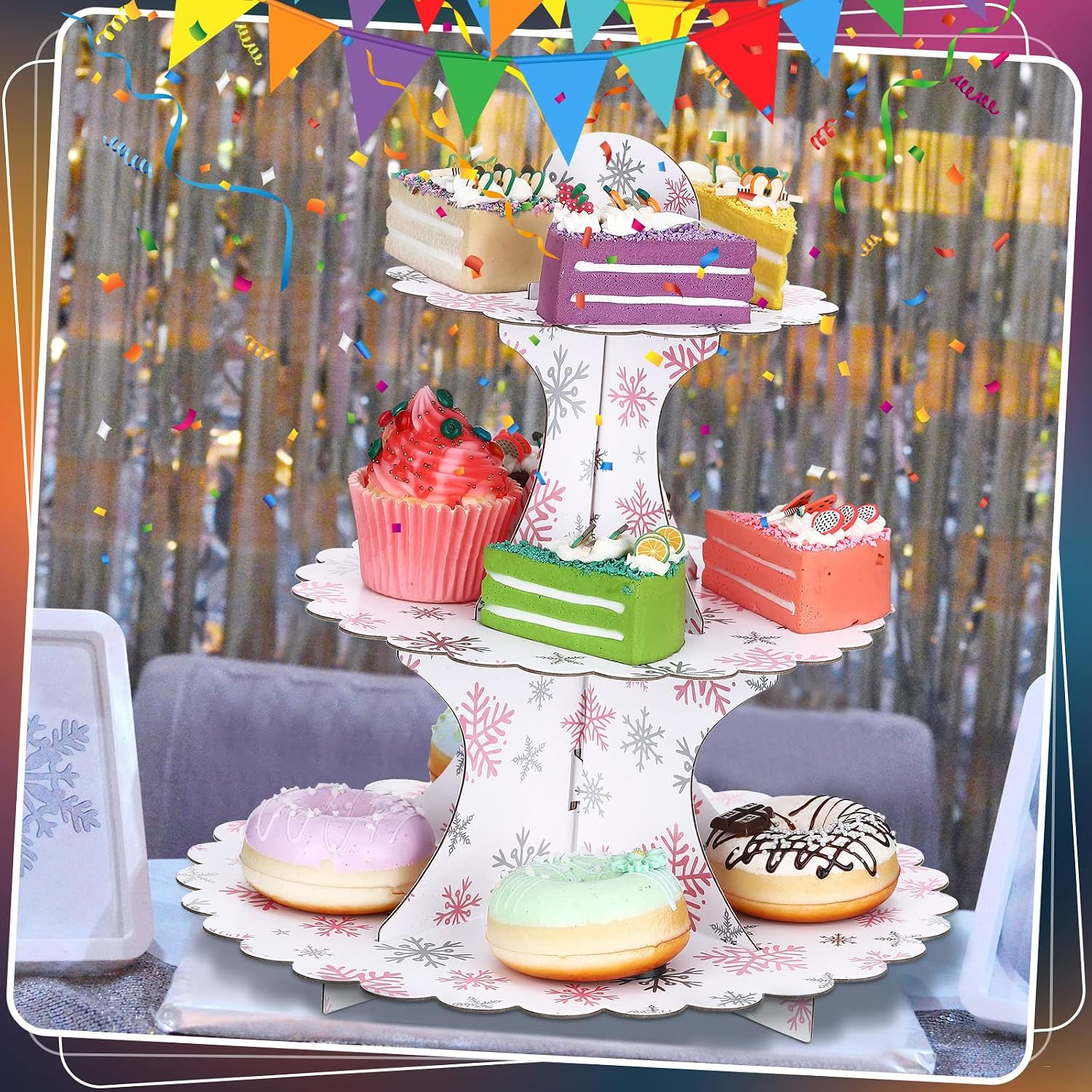 Vesici 2 Set of 3 Tier Pink Snowflake Party Cupcake Stand It's Cold Outside Baby Shower Tier Cardboard Cupcake Tray for Birthday Winter Wonderland Wedding Party Supplies