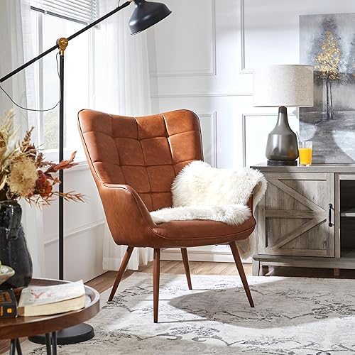 Yaheetech Leather Accent Chairs, Living Room Chairs Leather Large Armchairs Accent Chairs with Metal Legs for Living Bedroom Office Statement, Camel
