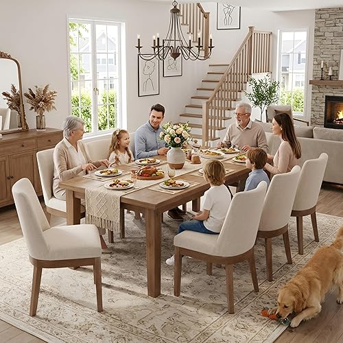 Miniatura 6 de HNY Juego de 6 sillas de comedor modernas con cómodo soporte de espalda, sillas de comedor de cocina tapizadas de lino suave con patas de madera