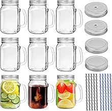 9 Pack Glass Mason Jar Cups with Handle, 16 Oz Old Fashioned Regular & Glass Mason Jar Mugs with Lids & Straws for Beverage, Coffee, Party, Kombucha, Tea, Milk
