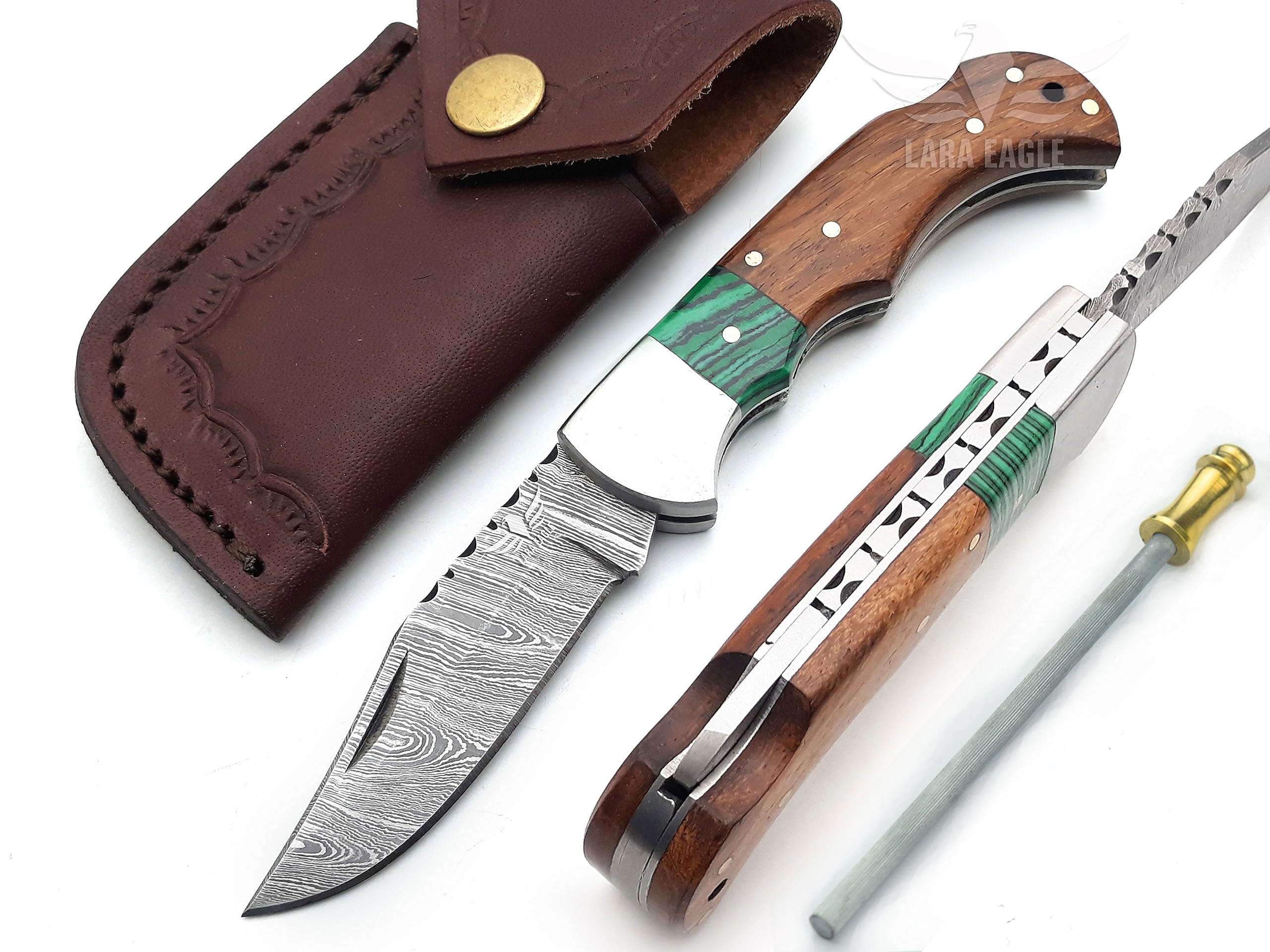 Damascus Pocket Knife for Men - 133 Layer Solid Steel Handmade Folding Hunting Knives with Sharpner and Leather Pouch - Best Knife for Camping Hunting Hiking - Father’s Day Gifts for Men Husband Dad