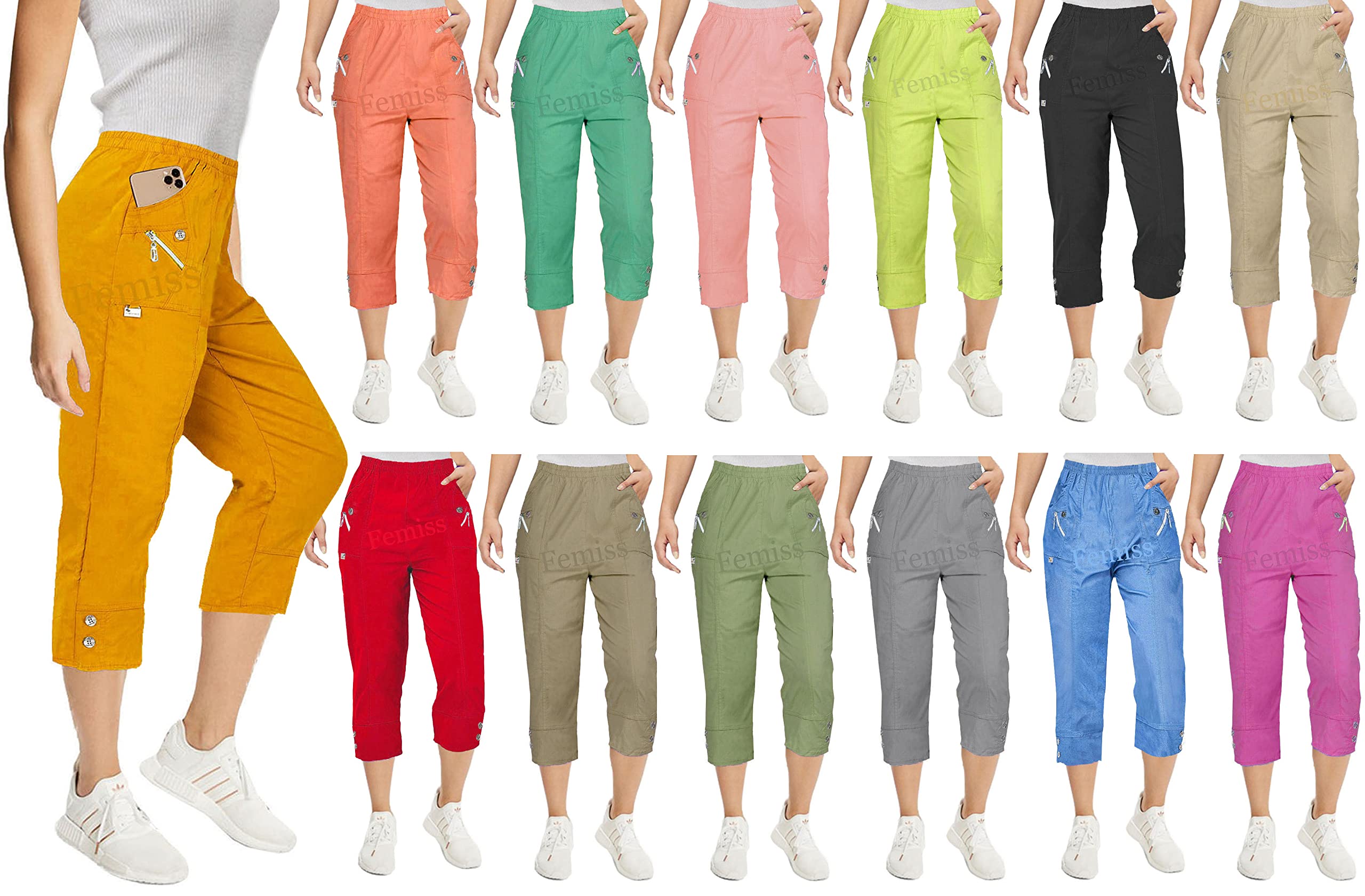 femiss Pantacourt 3/4 pour femme avec élastique, pantalon court doux d'été, grande taille