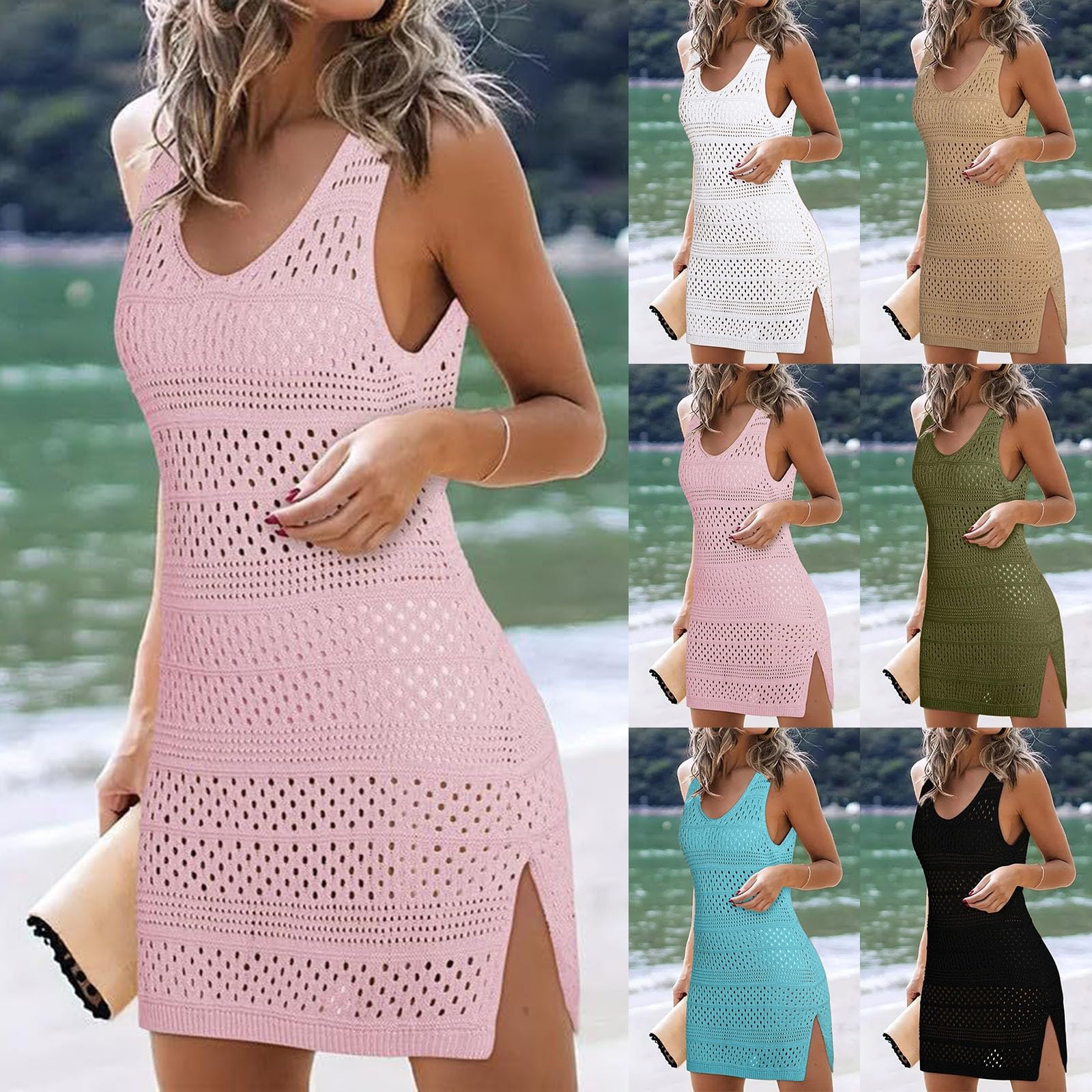 Generisch Vestido de ganchillo para mujer, vestido de playa para mujer, bikini para mujer, sexy, hueco, de punto, sin mangas, estilo bohemio, minivestido para playa, vacaciones, traje de baño