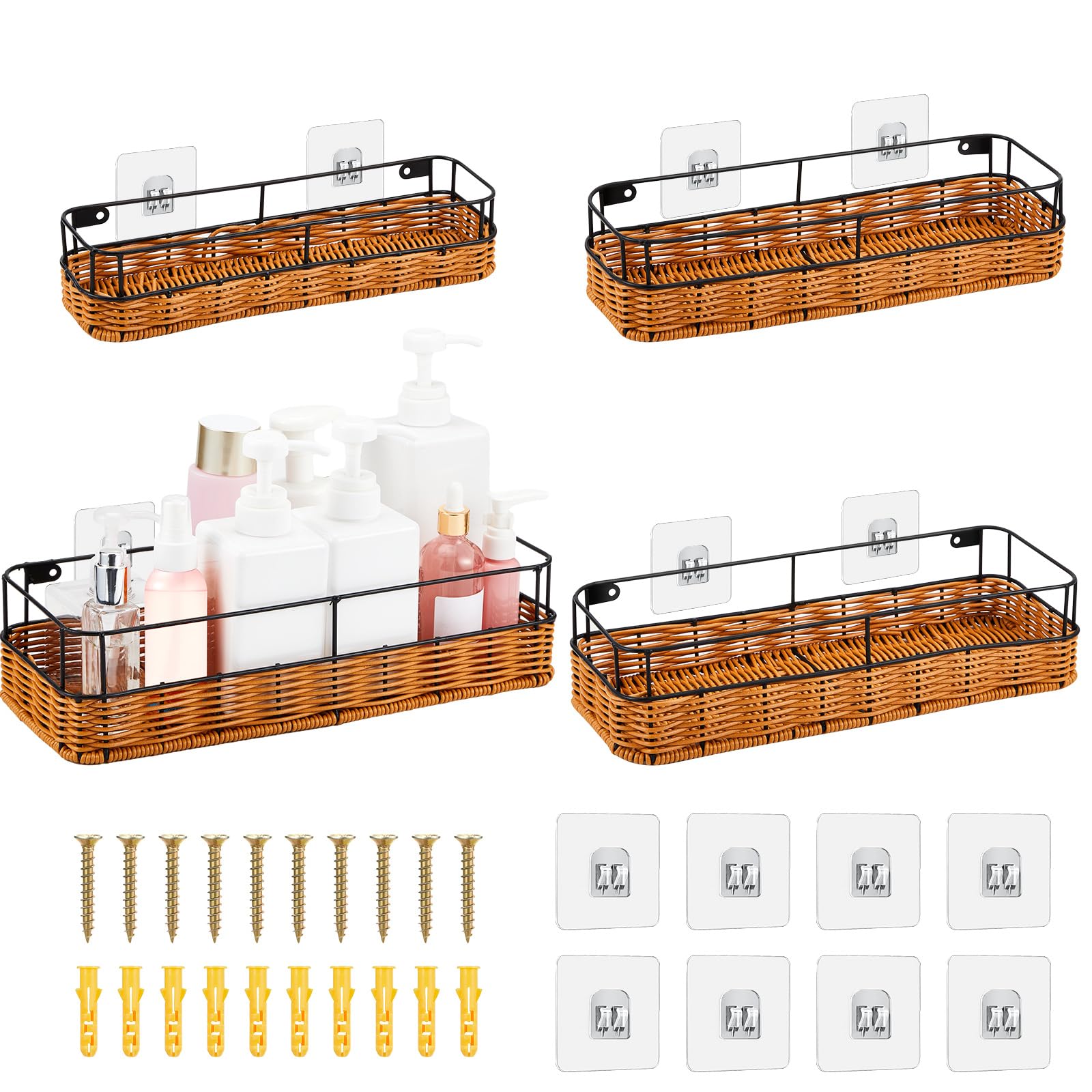 Menkxi 4 Pack Wicker Wall Shelves for Bathroom Shower Caddy Hanging Baskets for Organizing Adhesive Rattan Wall Shelf