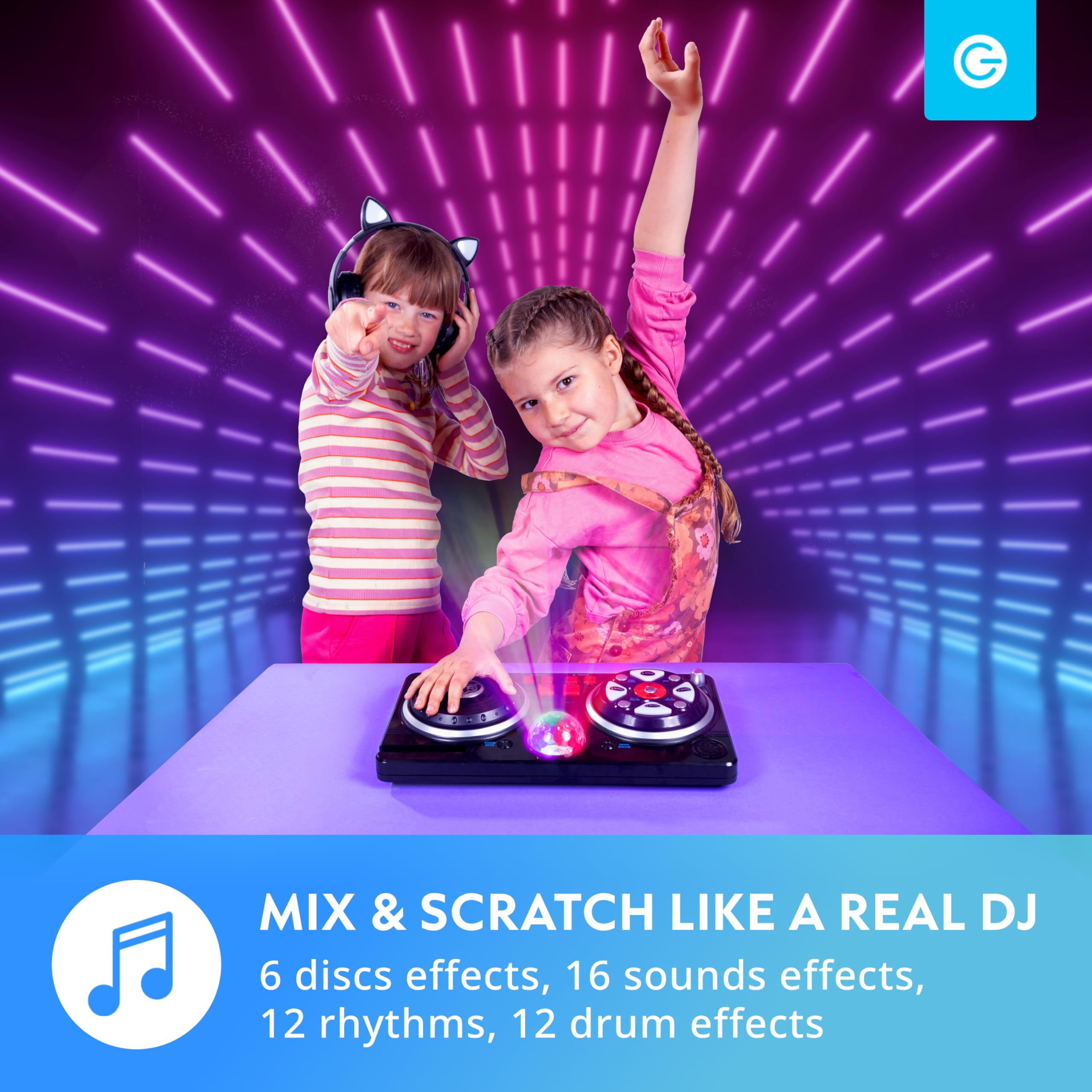 Silvergear® Mesa de Mezclas DJ para Niños | Mesa DJ Principiante con Bola de Discoteca | 46 Efectos de Sonido | Portátil y a Pilas | 39.3 x20.5x6.4 cm | Negro